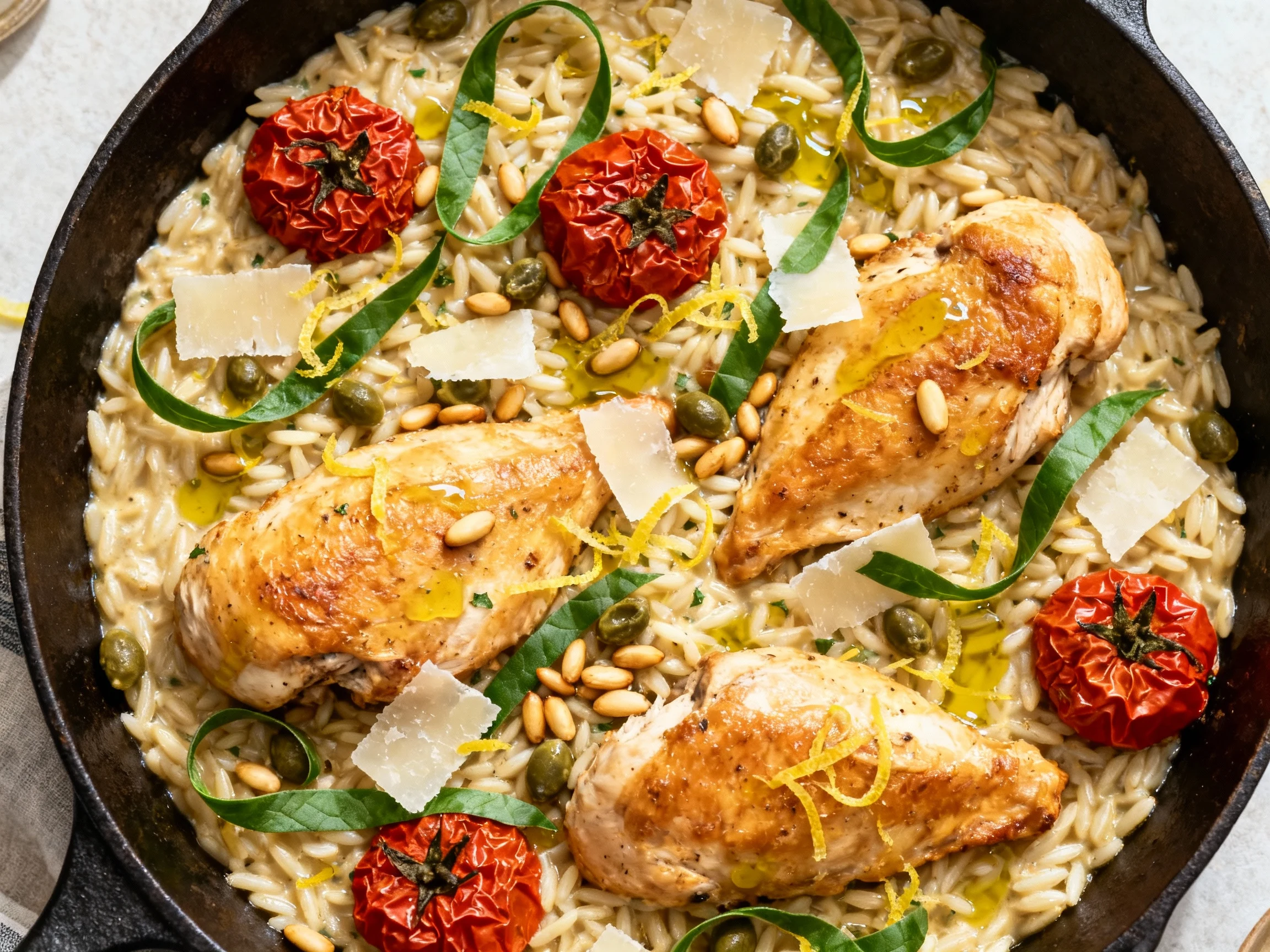 Food photography, Overhead shot of the one-pan lemon-basil chicken with orzo: creamy orzo, wrinkled burst tomatoes, gold