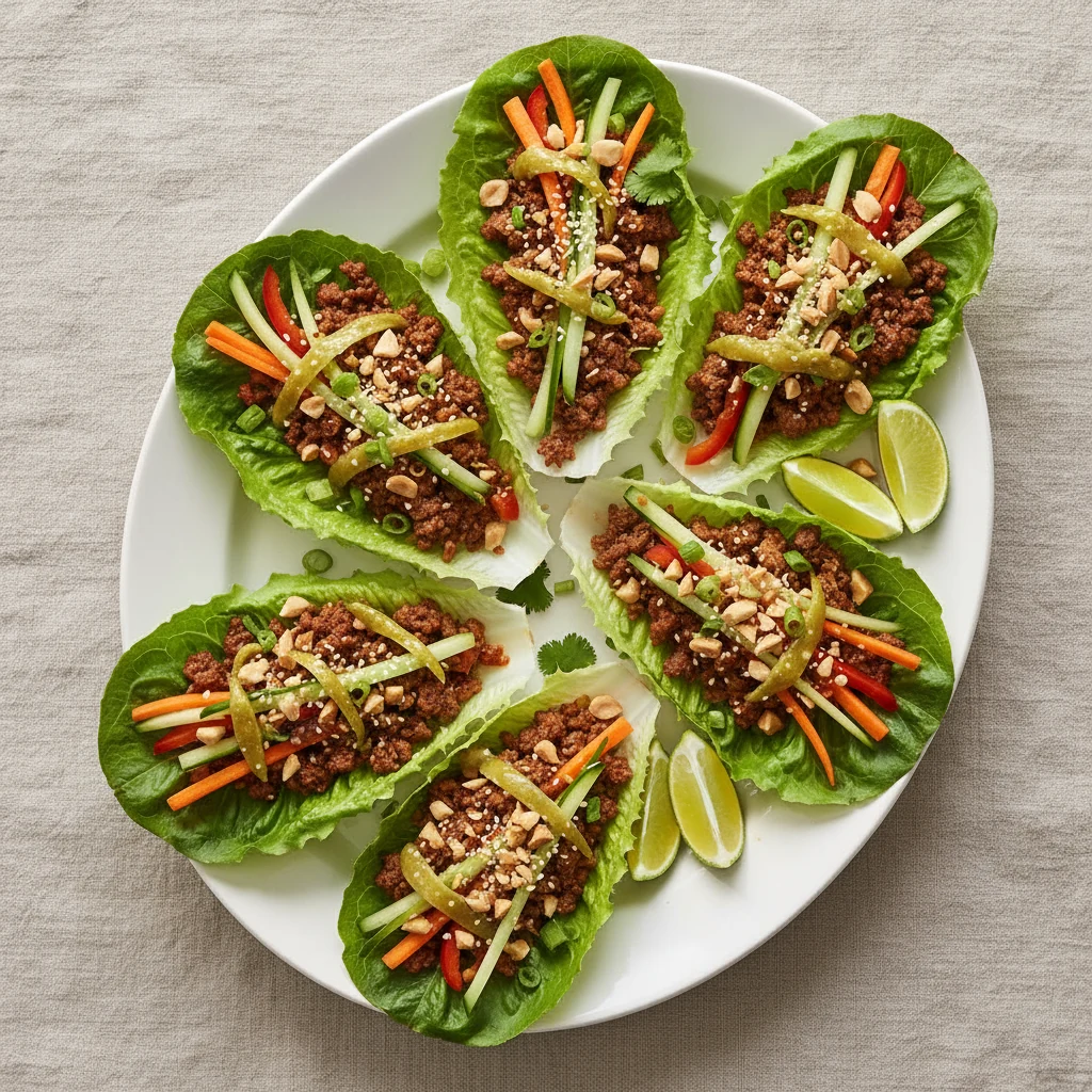Food photography, Overhead shot of assembled Spiced Beef Mince Lettuce Cups on a white platter: butter lettuce filled wi