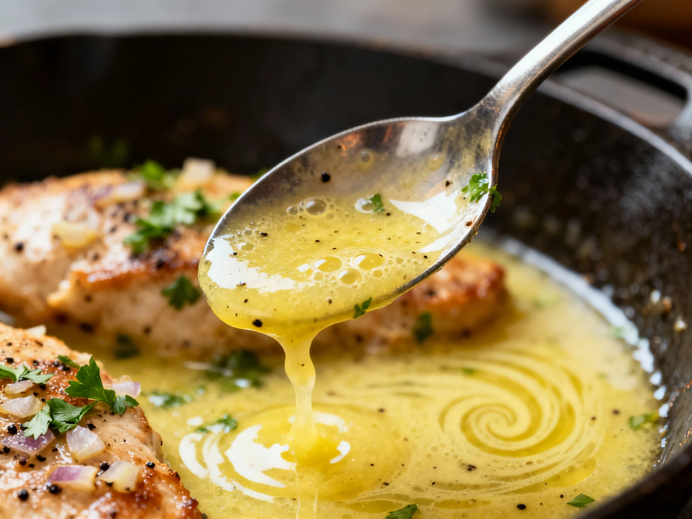 Food photography, Sauce detail macro: Lemony pan sauce at nappe consistency coating the back of a spoon over the skillet