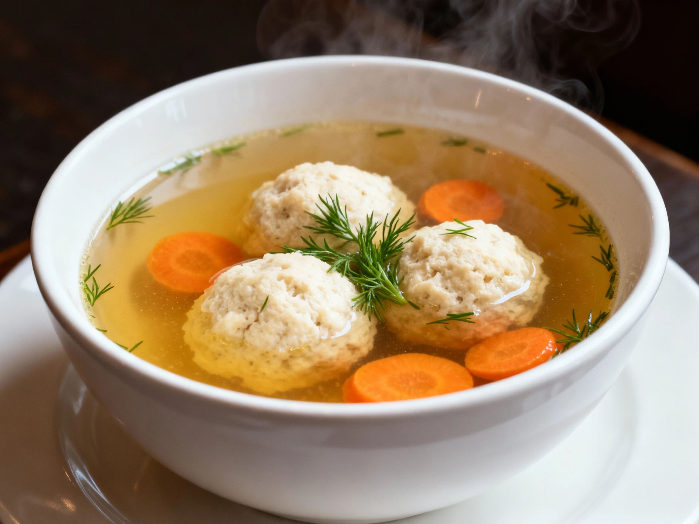 Food photography, 2. Final dish: Beautifully plated fluffy matzo ball soup—white bowl of clear golden chicken broth with