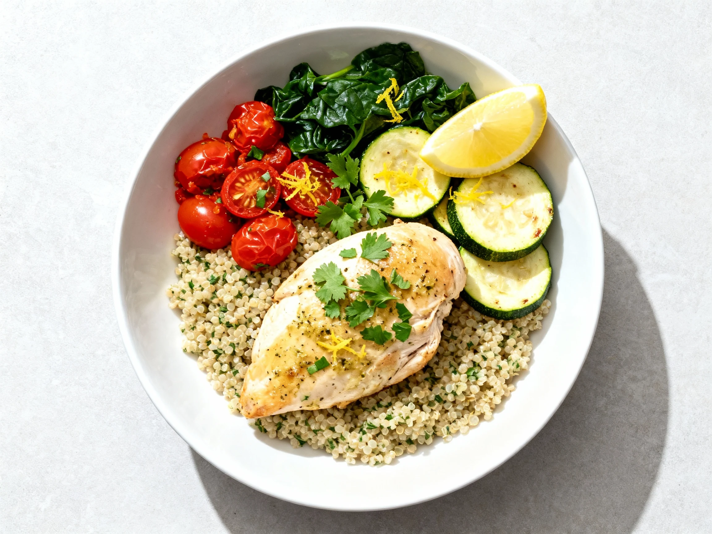 Food photography, Overhead shot of a shallow white bowl with herbed quinoa topped with lemon-garlic chicken, zucchini ha