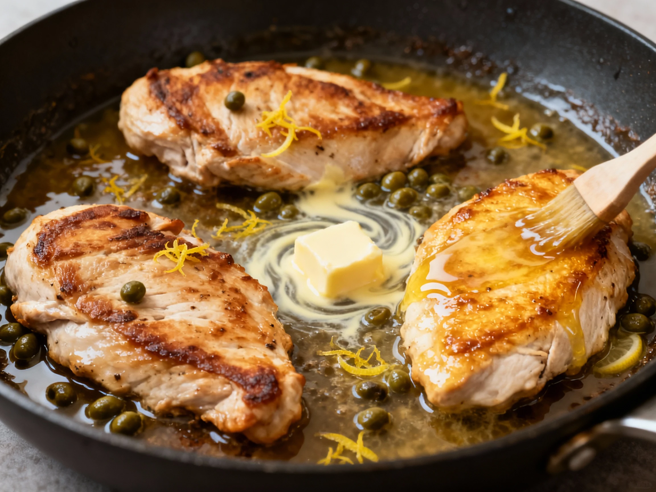 Food photography, Cooking process: hot skillet with pan-seared turkey cutlets and browned fond as broth deglazes; capers