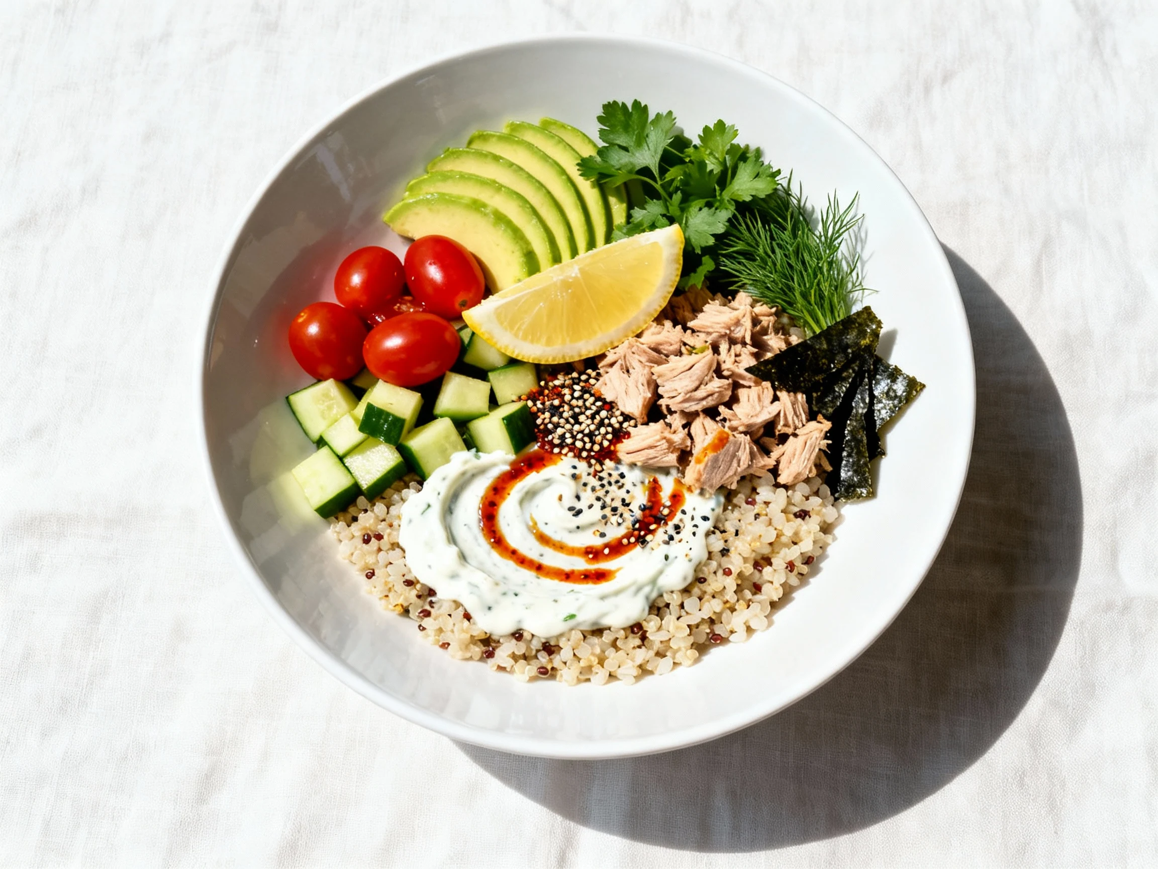 Food photography, Tasty top view: Overhead shot of the finished tuna grain bowl—rice/quinoa base swirled with tangy yogu
