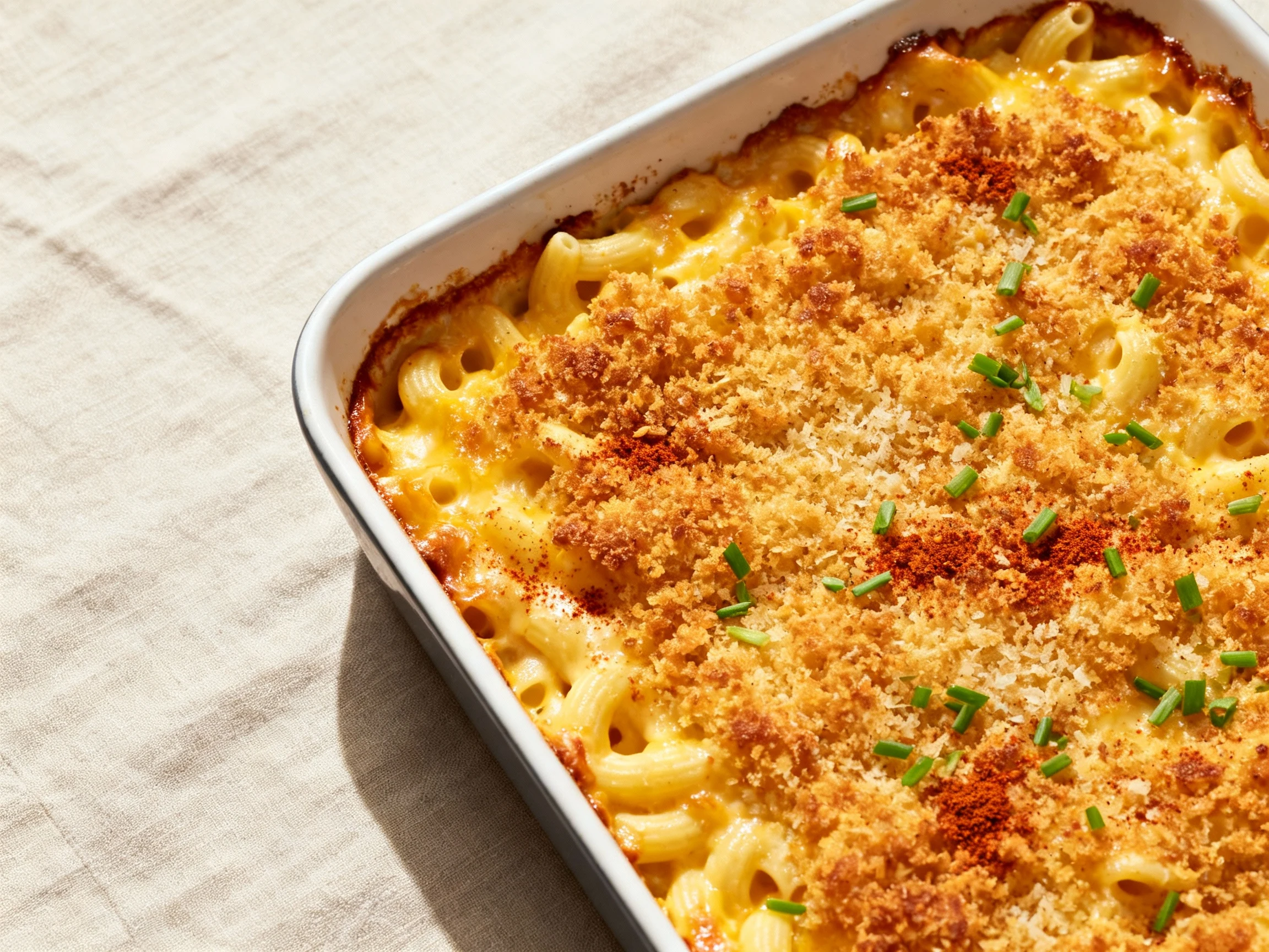 Food photography, 2. Overhead final bake: 9×13 mac and cheese with deeply golden panko–Parmesan–butter crust, bubbling c