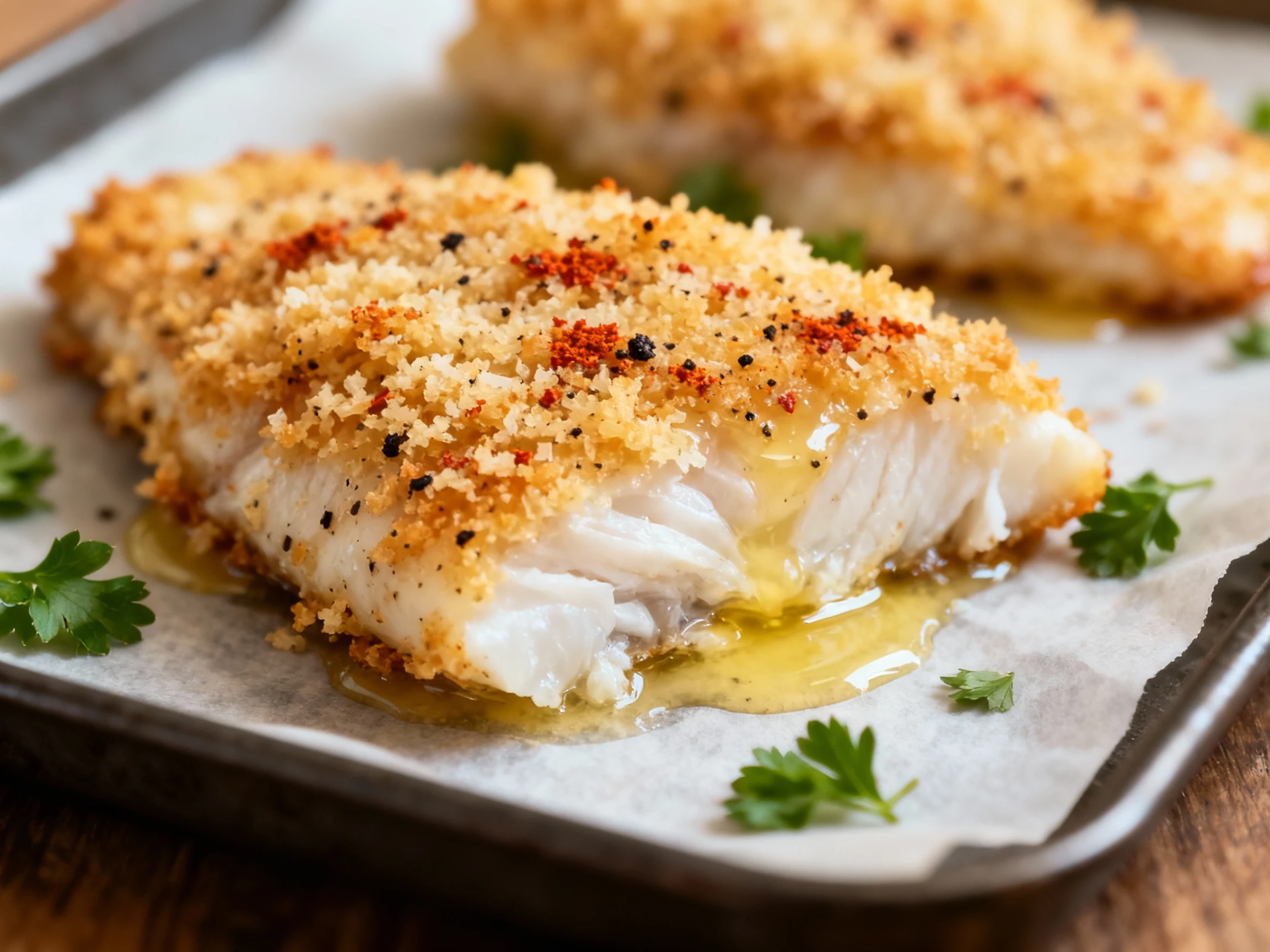 Food photography, Close-up detail: Garlic-Parmesan panko-crusted baked cod—golden, crunchy topping with flecks of paprik