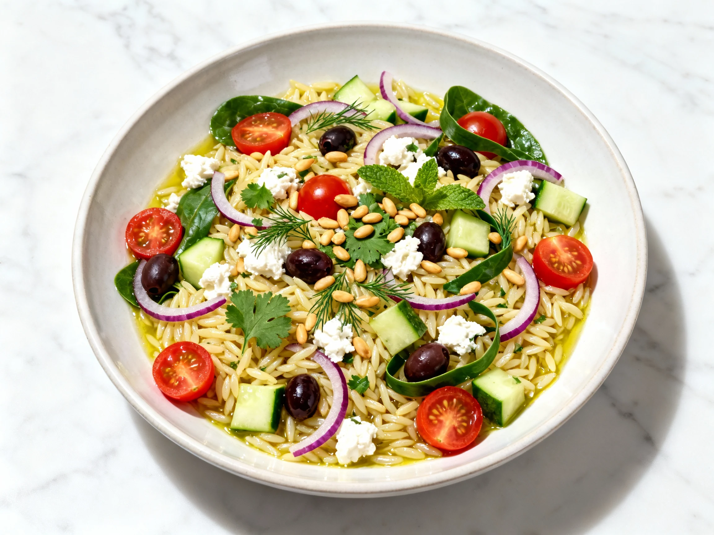 Food photography, 2. Overhead shot of chilled Greek orzo salad showing glossy orzo coated in lemon–olive oil dressing, h