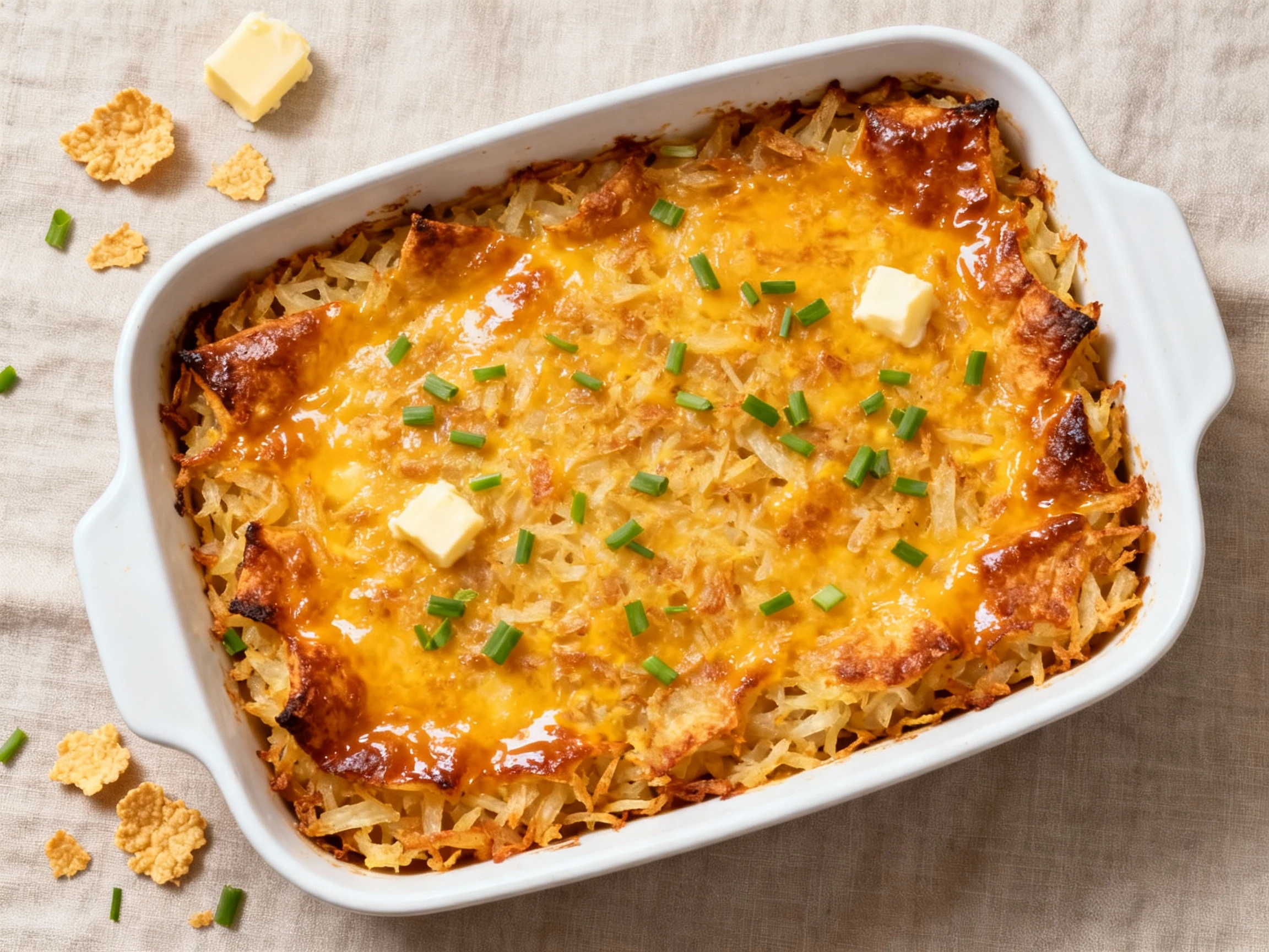 Food photography, Overhead shot of the whole hash brown casserole in a white 9x13 dish: deeply golden, evenly browned to