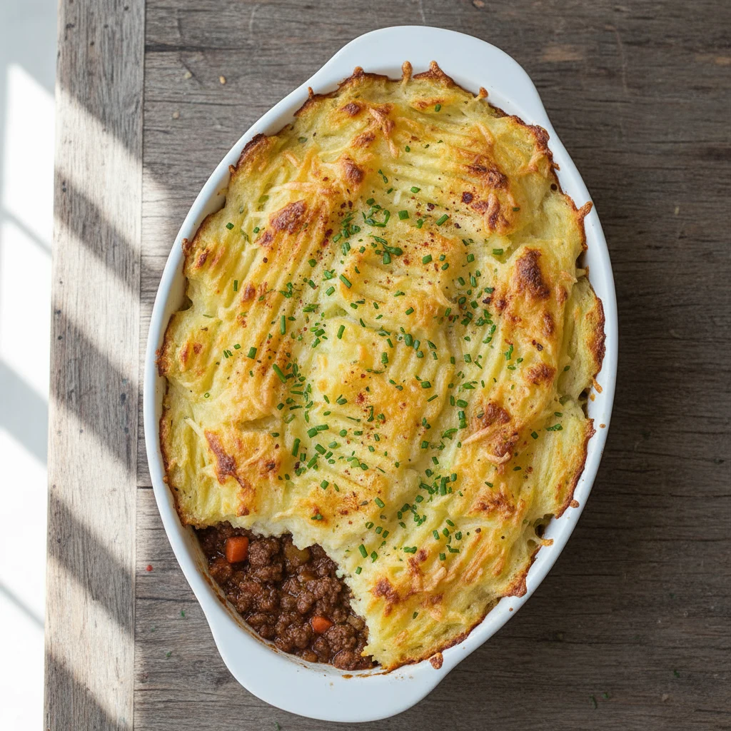 Food photography, Overhead shot of the baked Herbed Beef Mince Cottage Pie with Cheddar Mash: golden, fork-ridged chedda