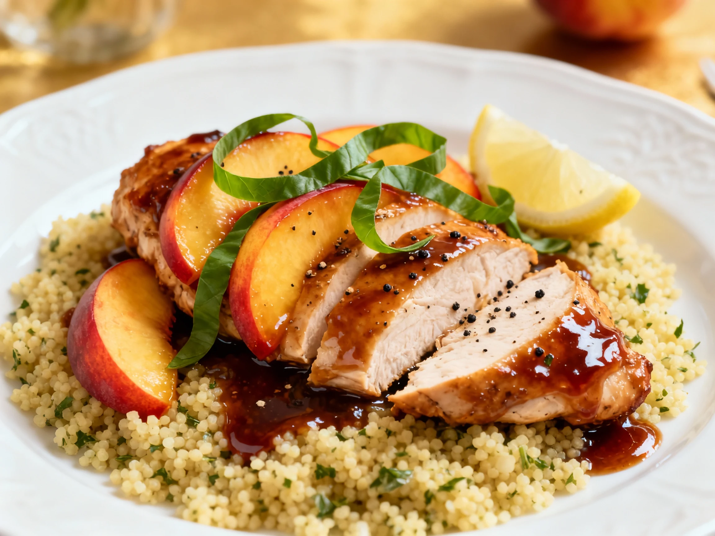 Food photography, Final plated peach balsamic chicken: juicy sliced chicken glazed in sticky shiny pan sauce with vibran