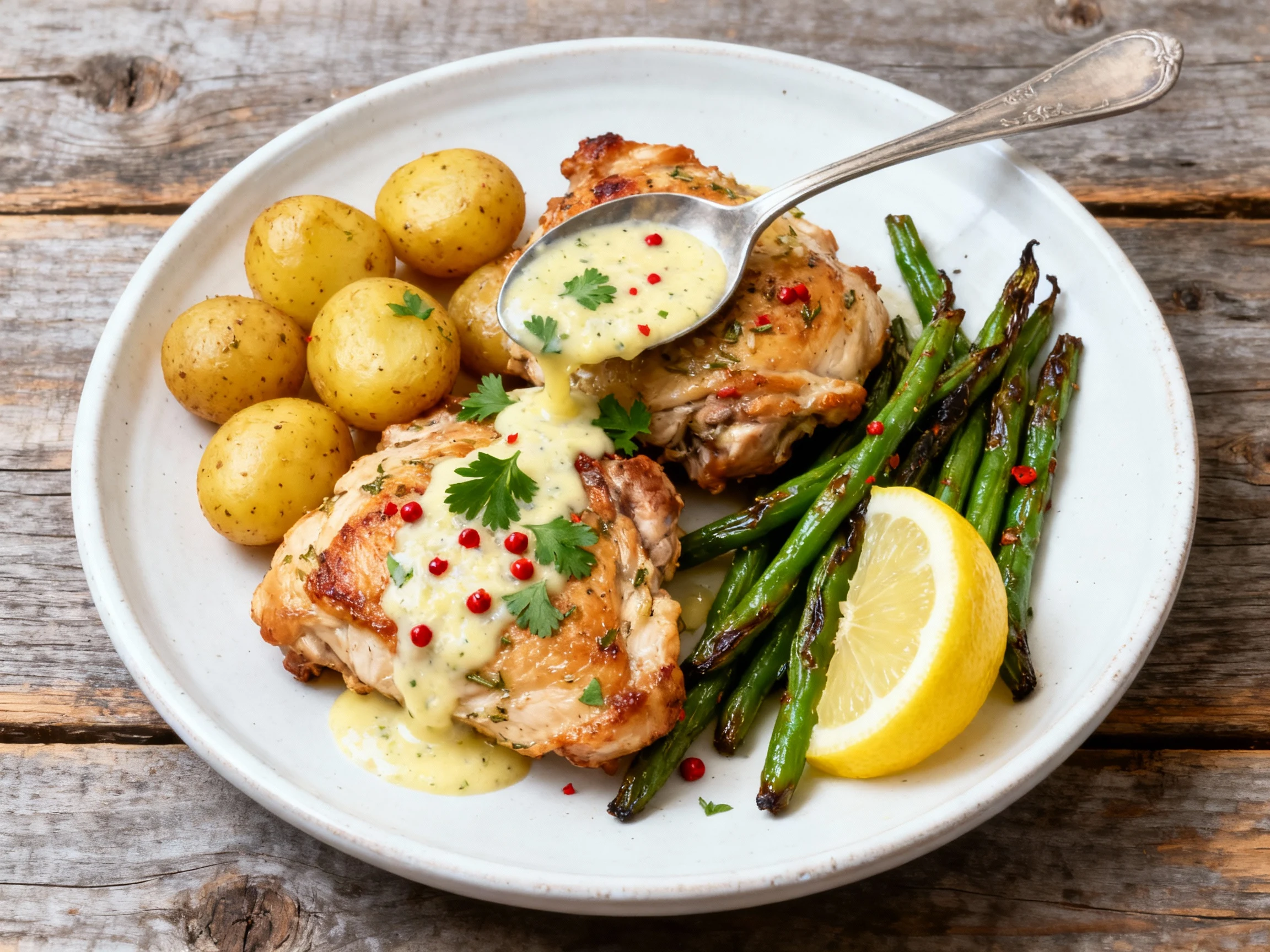 Food photography, Beautifully plated one-pan lemon-garlic chicken thighs with golden baby potatoes and blistered green b