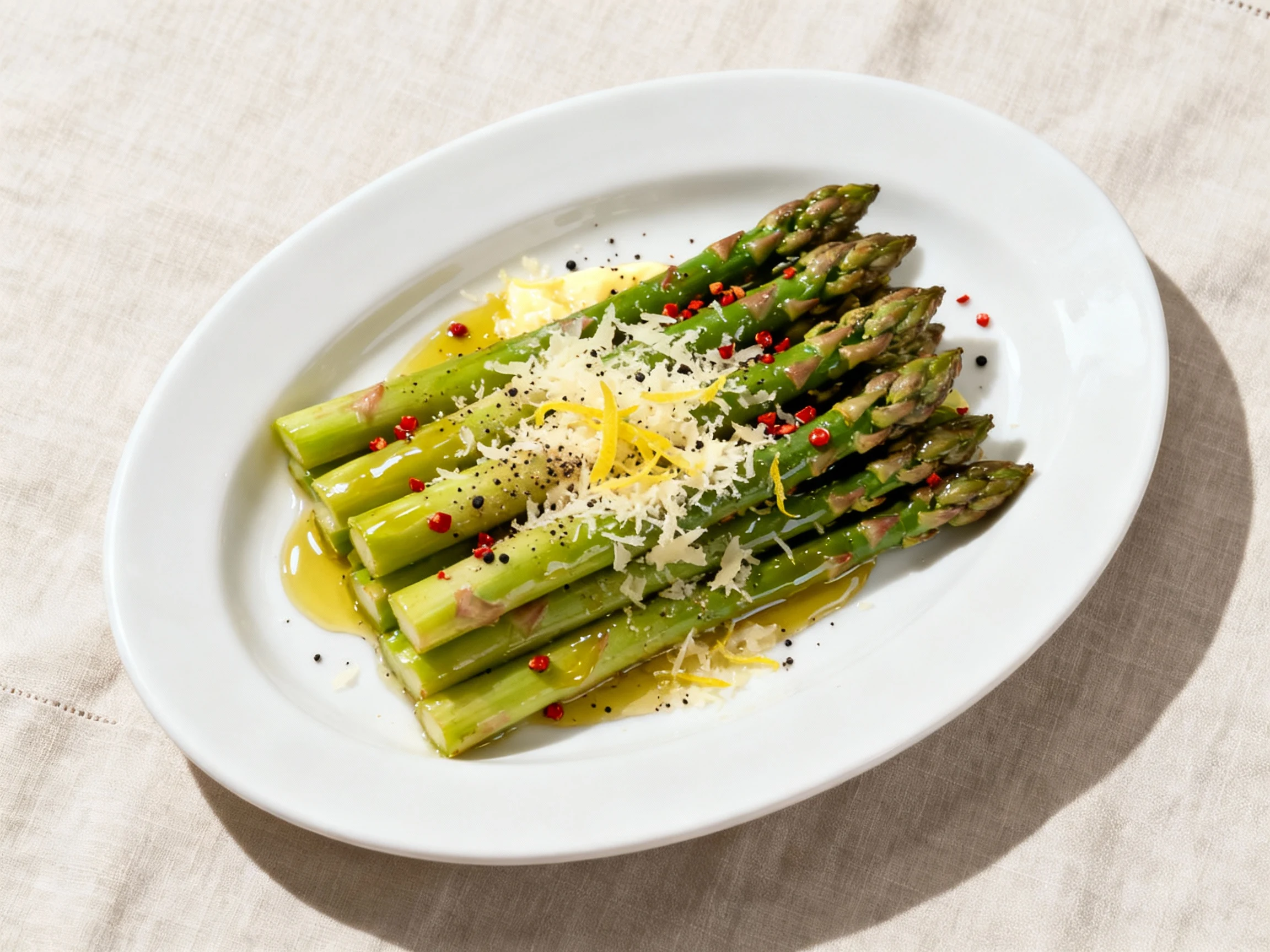 Food photography, Overhead final dish: asparagus spears neatly stacked on a white oval platter, glossy butter-olive shee