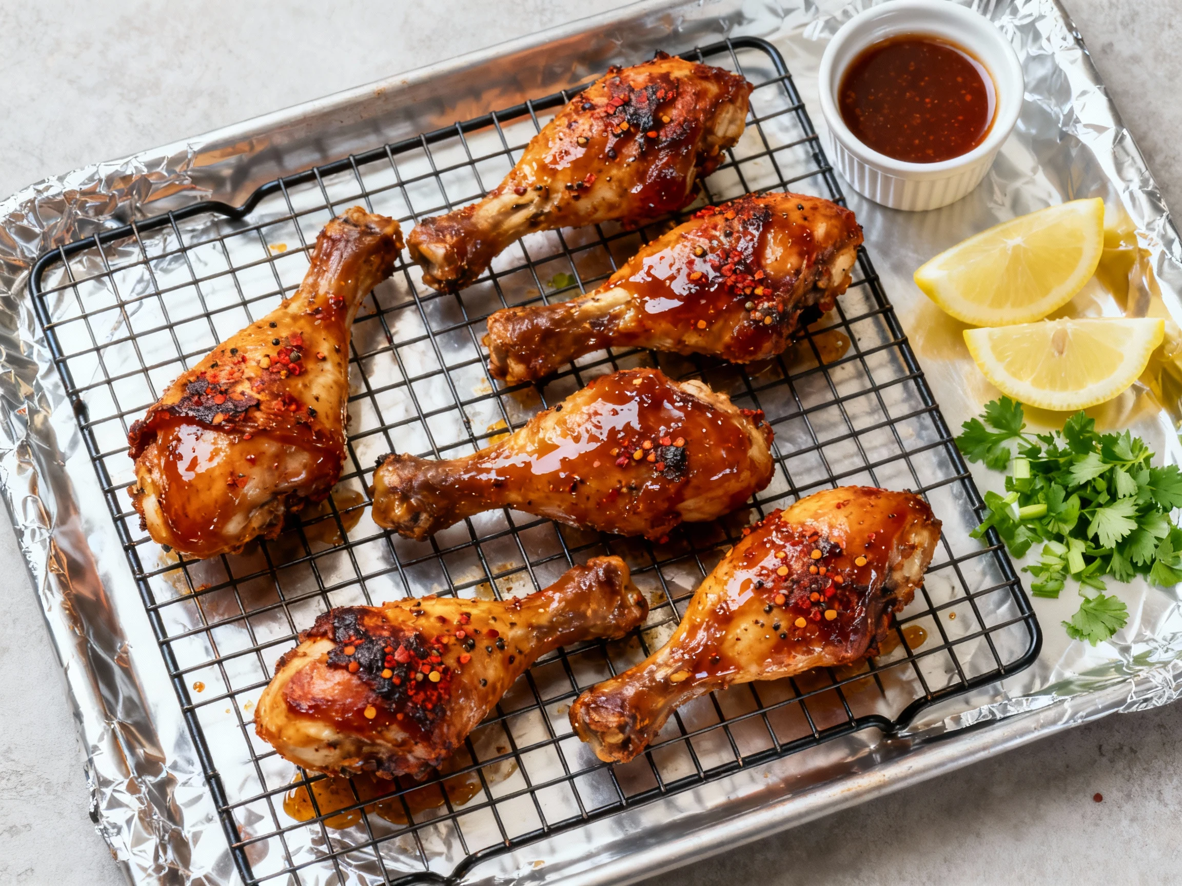Food photography, Overhead shot: oven-roasted drumsticks on a wire rack over a foil-lined sheet pan, glossy honey-hot gl