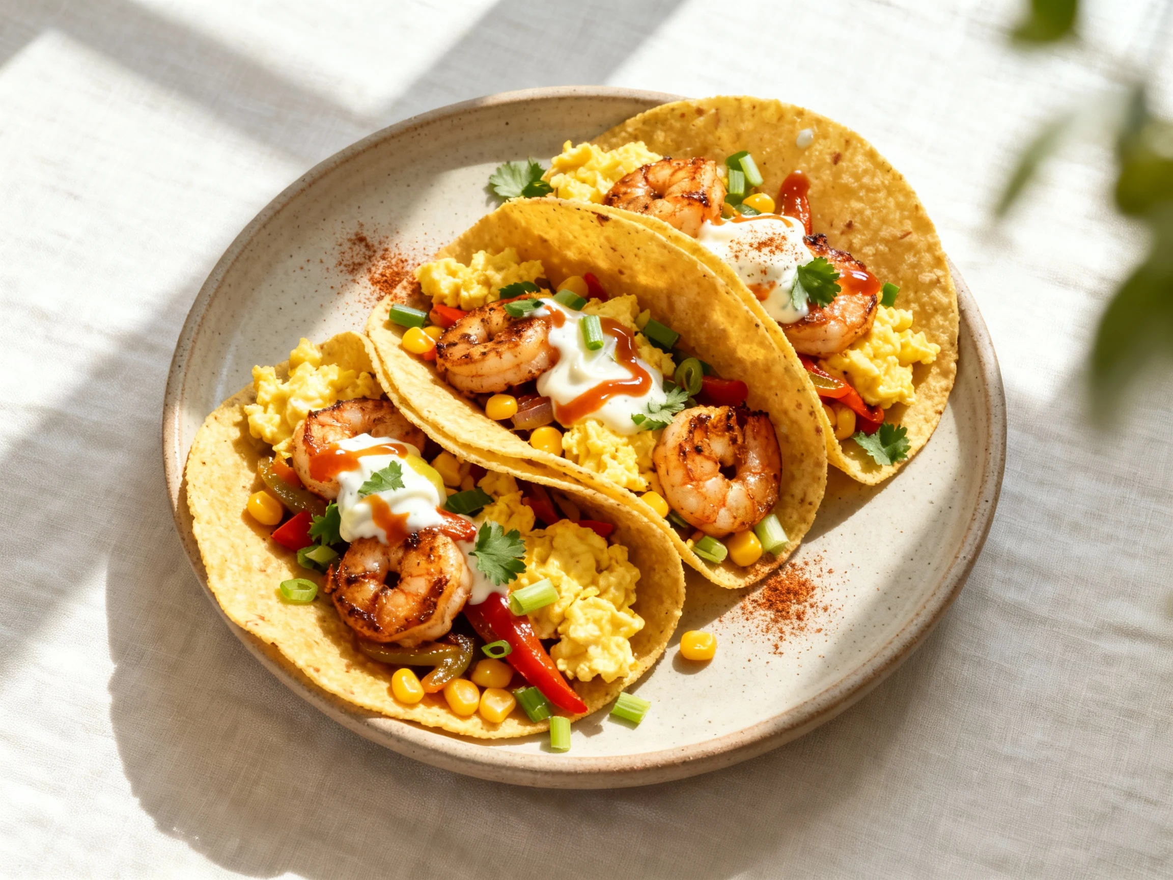 Food photography, Overhead shot of breakfast shrimp tacos: warm corn tortillas filled with smoky seared shrimp, glossy s