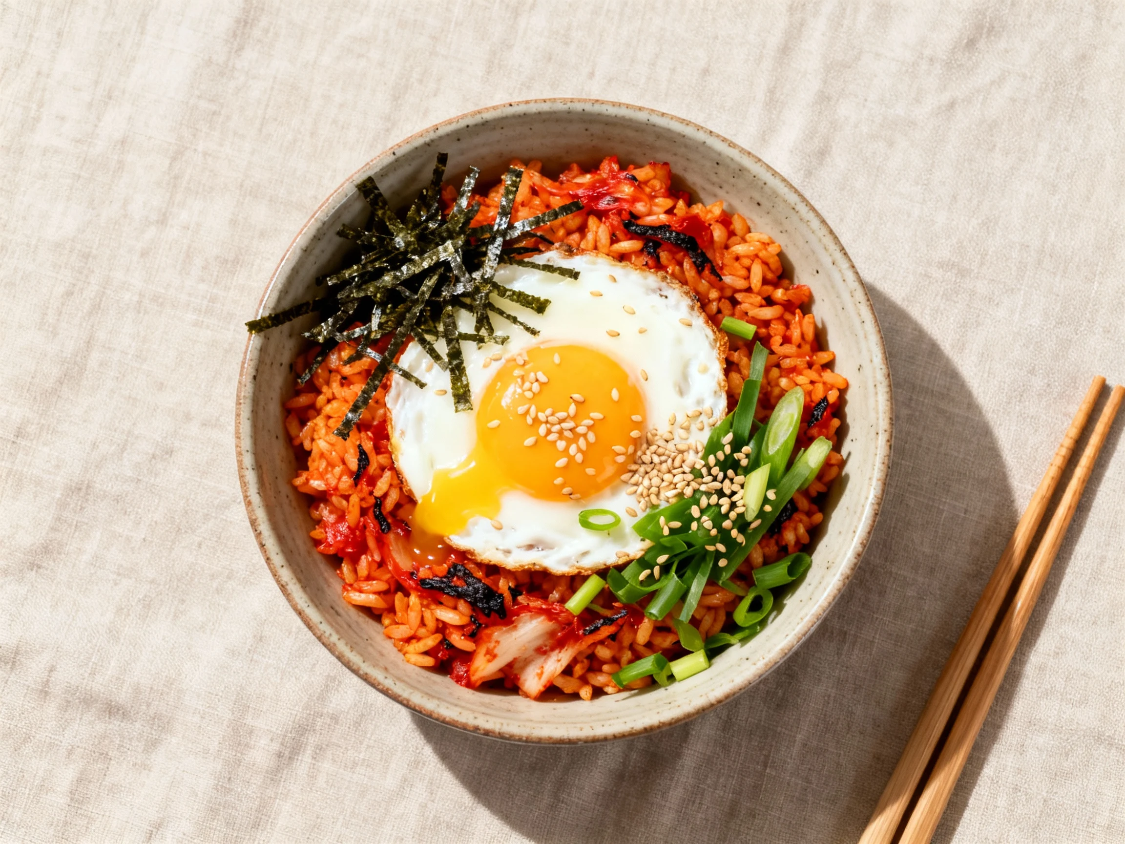Food photography, Overhead shot of kimchi fried rice in a ceramic bowl topped with a sunny-side-up egg (runny yolk), spr