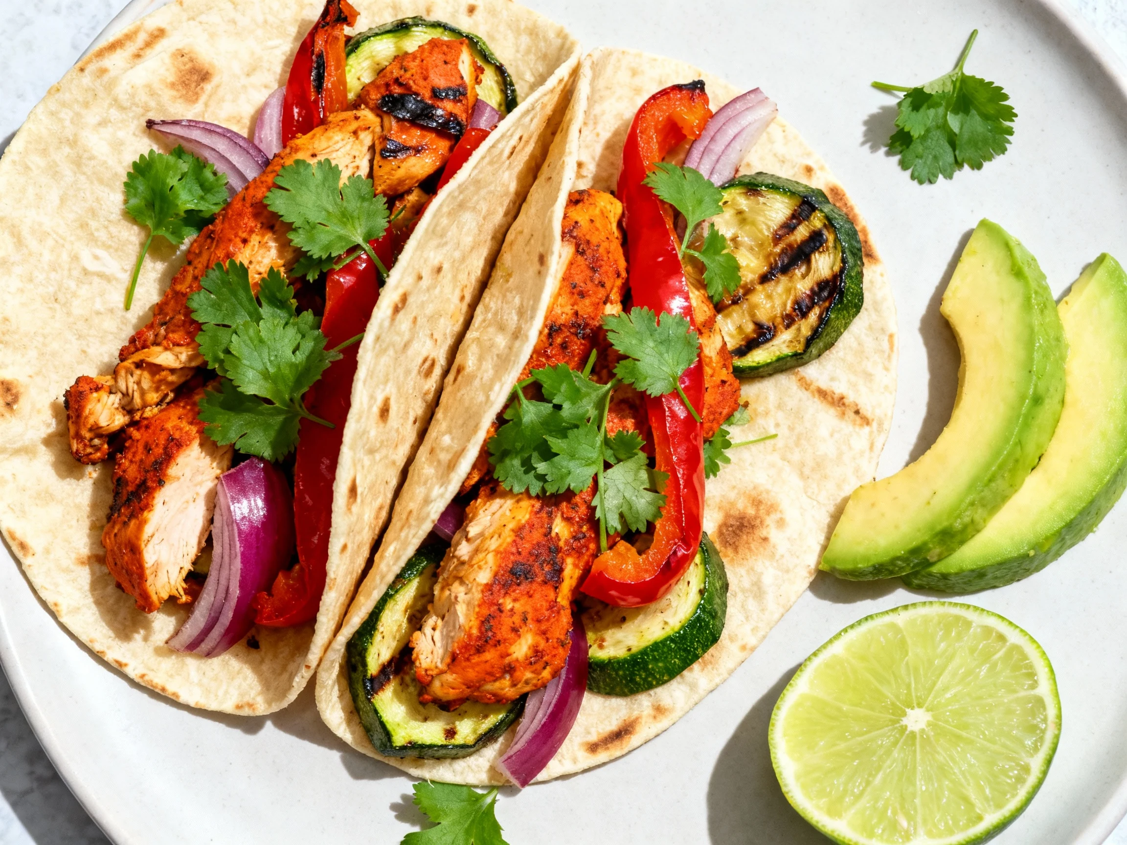 Food photography, Tasty top view of Tex-Mex tacos: chili–cumin–smoked paprika roasted chicken with charred bell peppers,