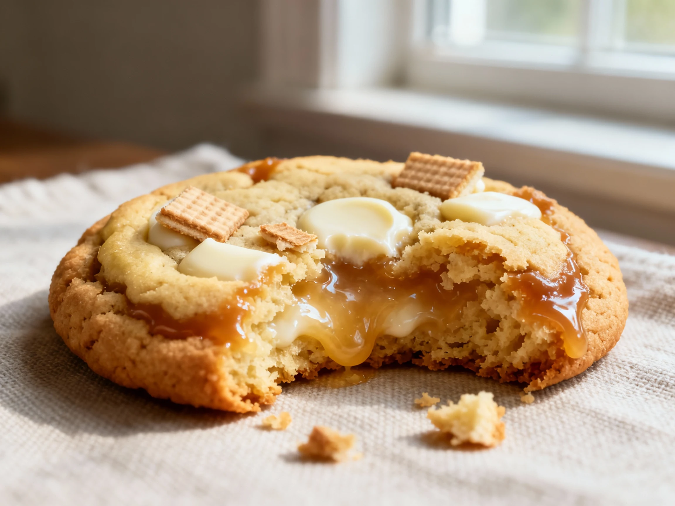 Food photography, 2. Close-up detail: A banana pudding cookie torn open to reveal a gooey chewy center, buttery carameli