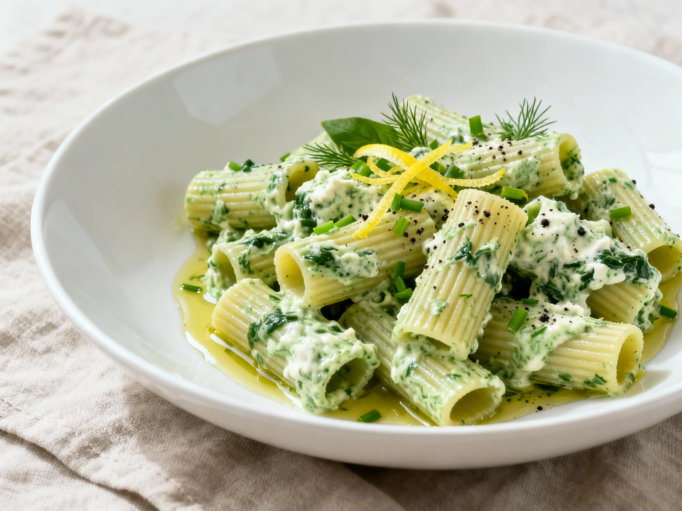 Food photography, Beautifully plated rigatoni coated in vibrant green goddess cottage cheese sauce (spinach, basil, dill