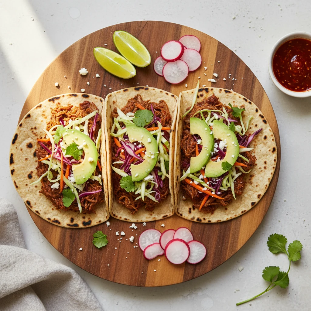 Food photography, Overhead hero shot of three chipotle beef tacos on lightly charred corn tortillas, piled with lime sla