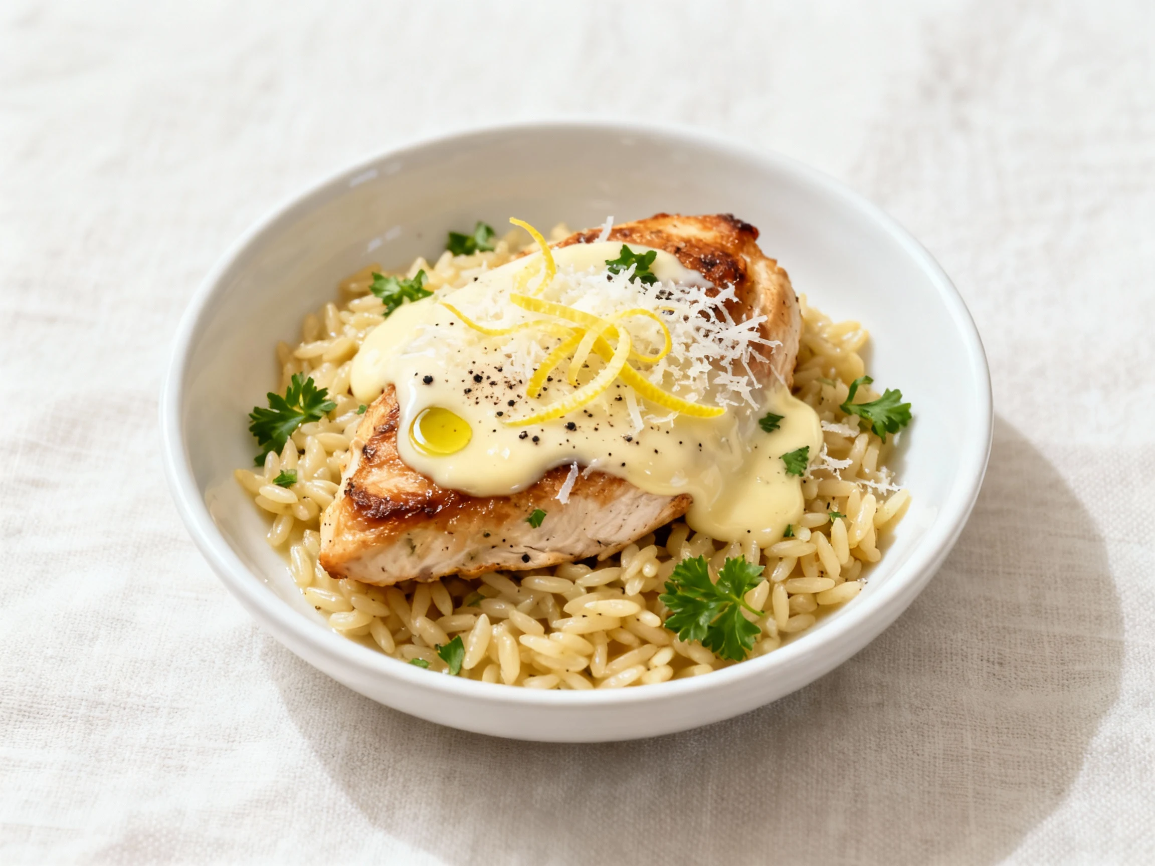 Food photography, Final plated: single-serve creamy lemon-garlic orzo with seared chicken in a small shallow white bowl;