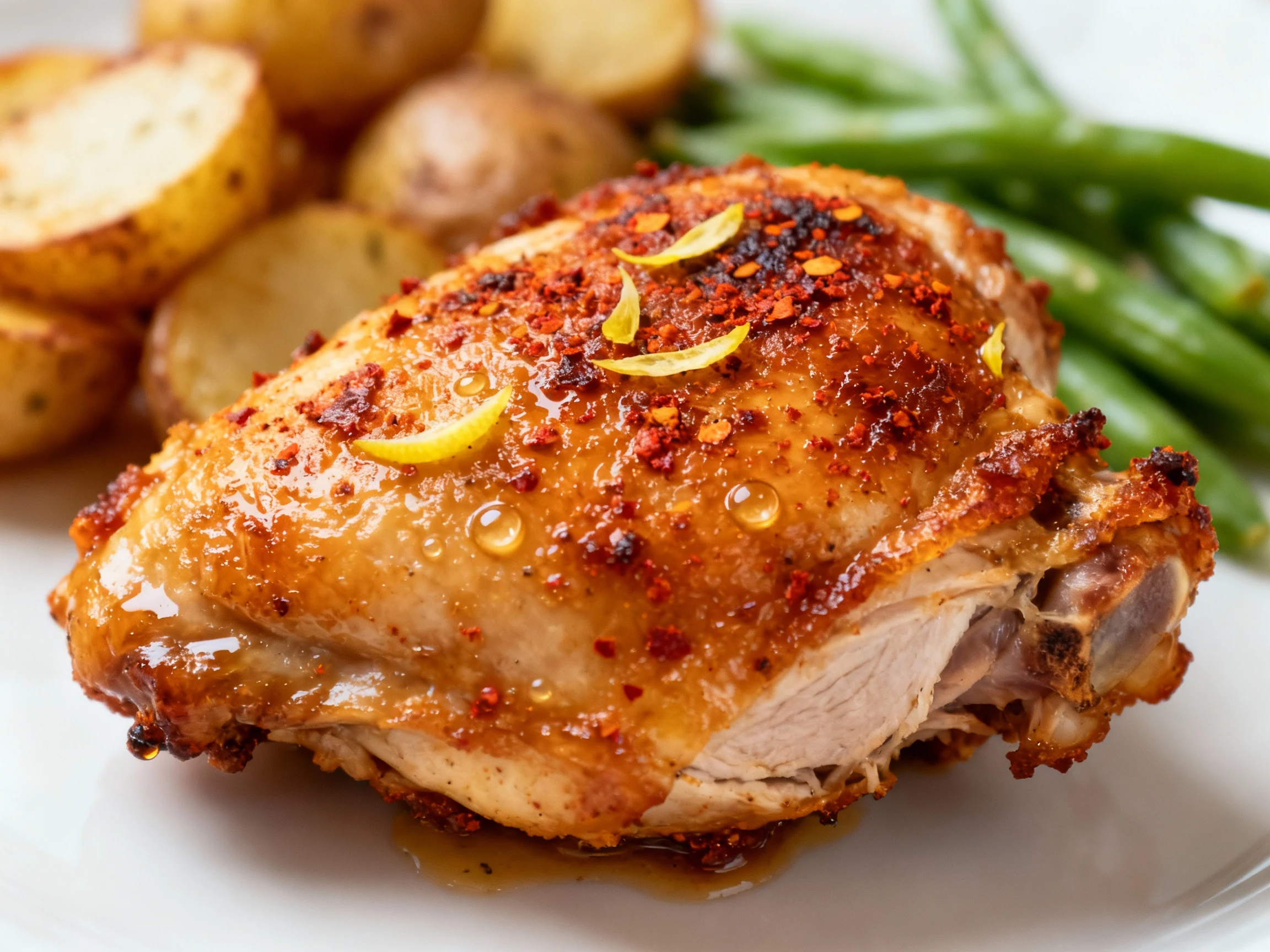 Food photography, Close-up detail of a crispy chicken thigh: crackling, deep-golden skin with paprika speckles, lemon ze