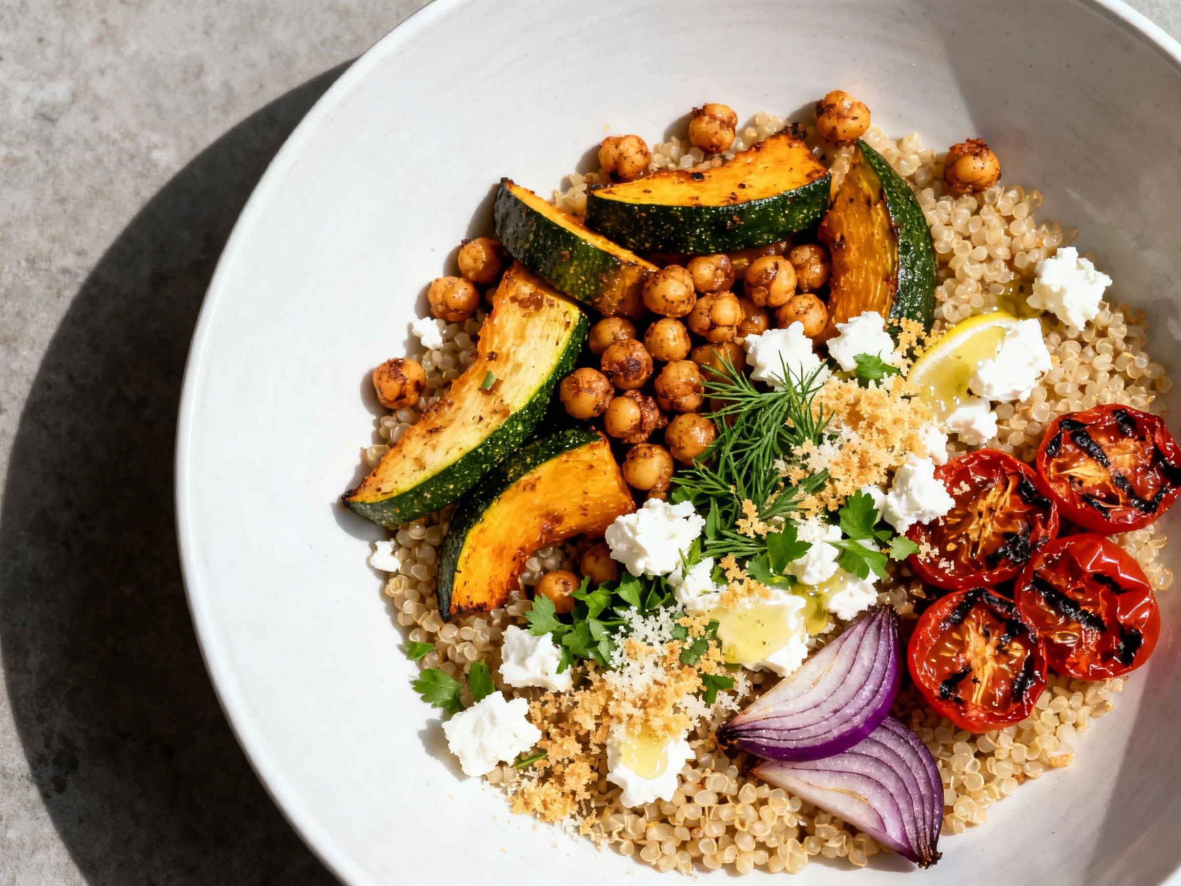 Food photography, 2. Overhead shot of finished sheet-pan roasted squash & zucchini with crispy chickpeas served over war