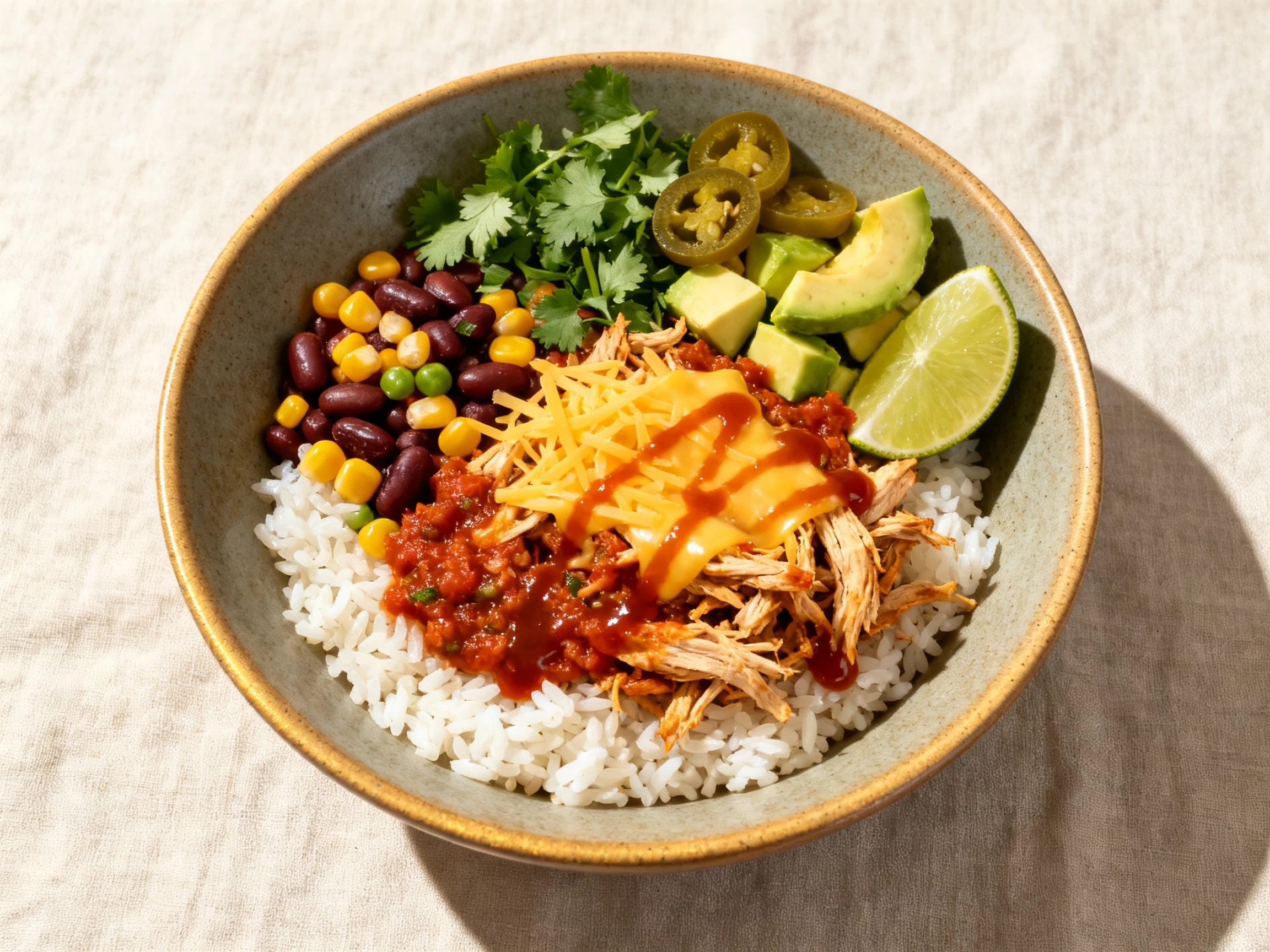 Food photography, Tasty top view: overhead of a burrito bowl—fluffy rice base, bean–corn–pepper mix, salsa-coated shredd