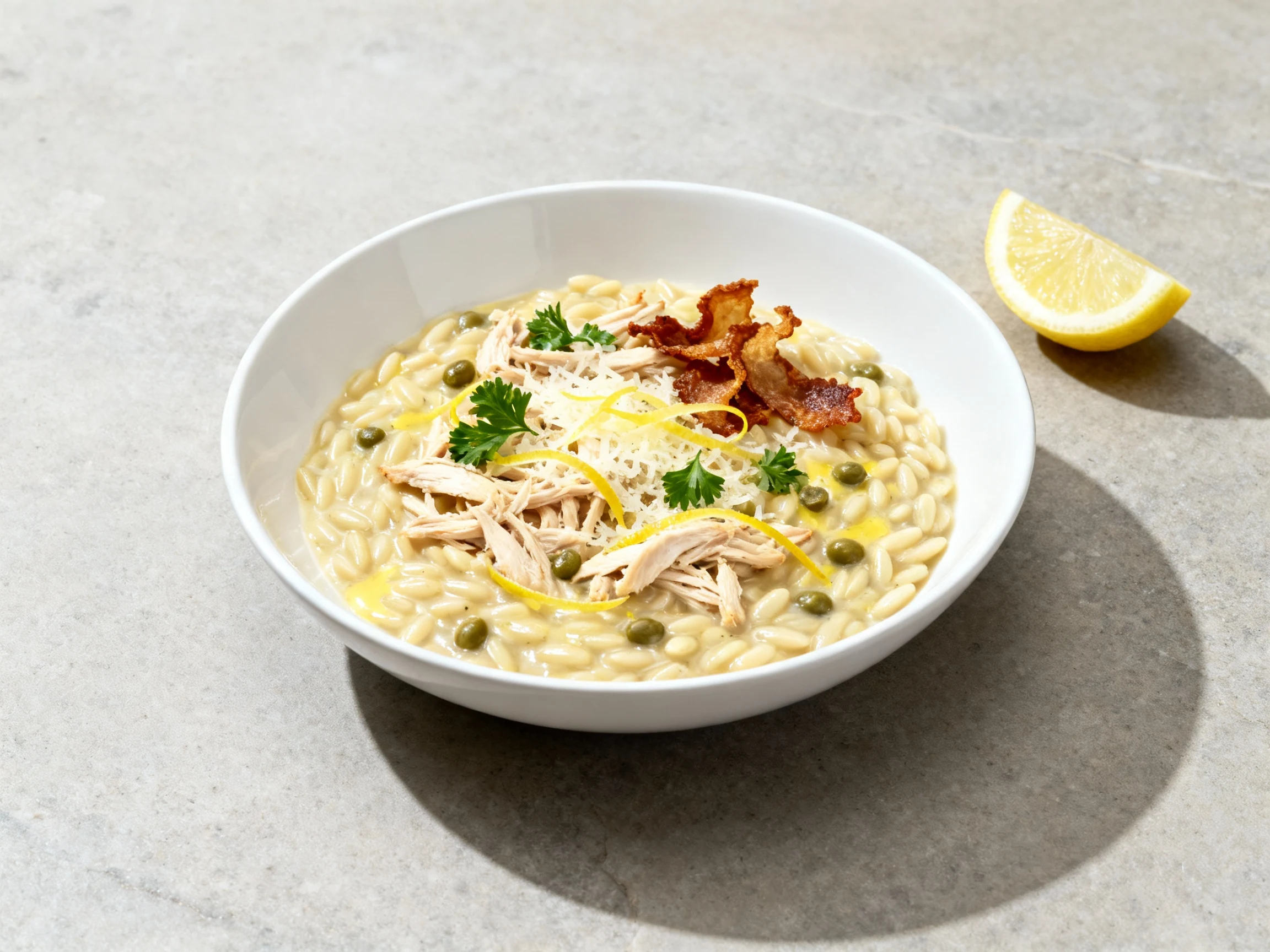 Food photography, Final dish presentation: silky Lemon-Garlic Chicken Orzo in a shallow white bowl—creamy, glossy orzo w
