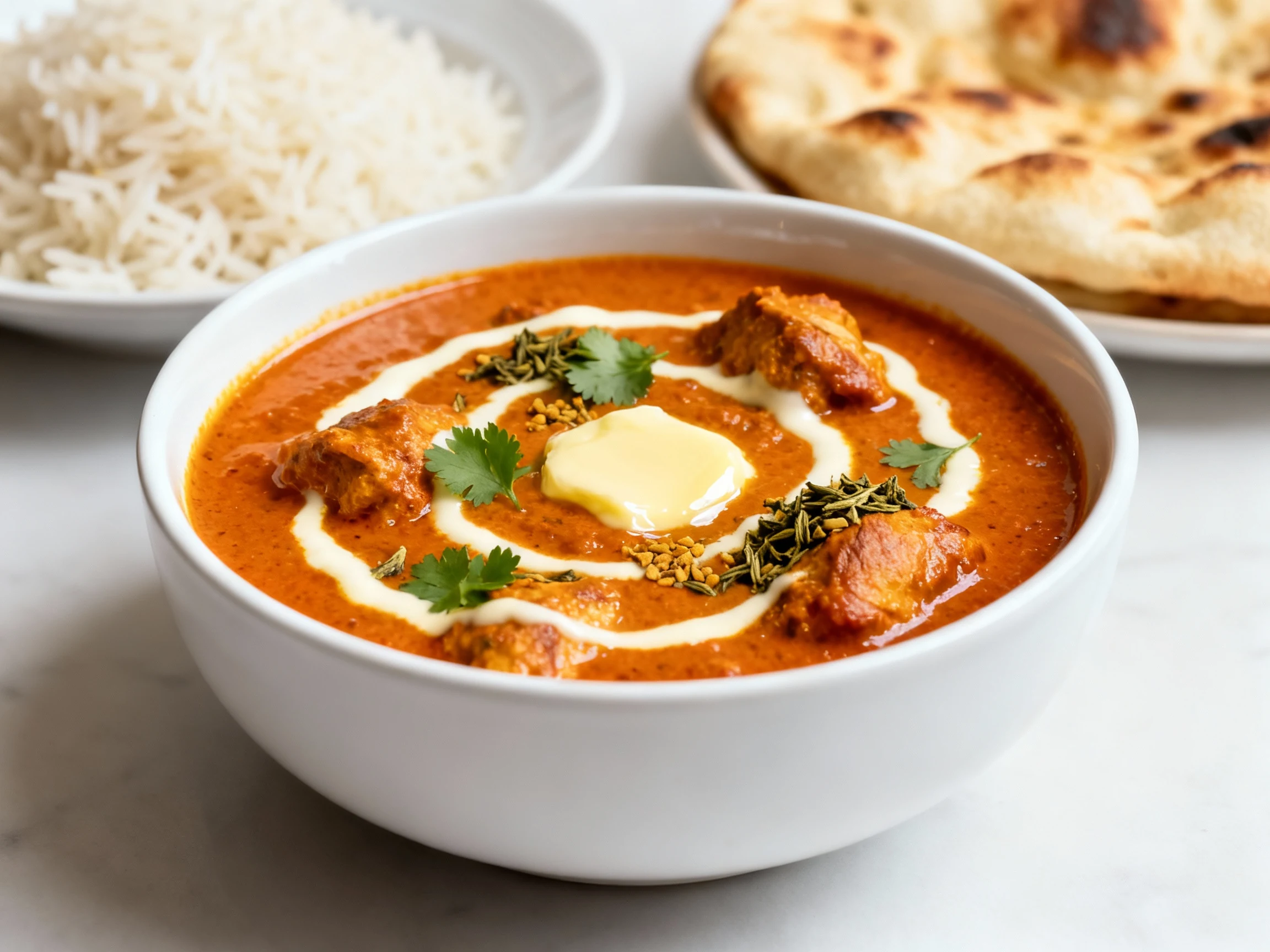 Food photography, Beautifully plated butter chicken: velvety blended sauce in deep orange-red, swirls of cream and a glo