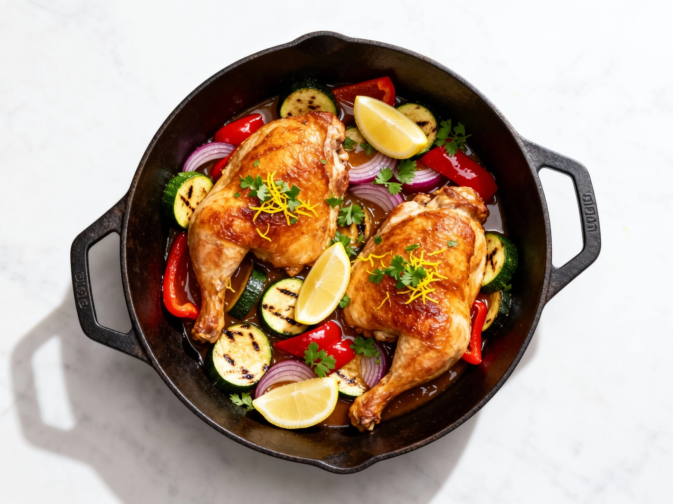 Food photography, 2. Overhead shot of the one-pan chicken dinner in a 12-inch cast-iron skillet: crackling golden skin, 