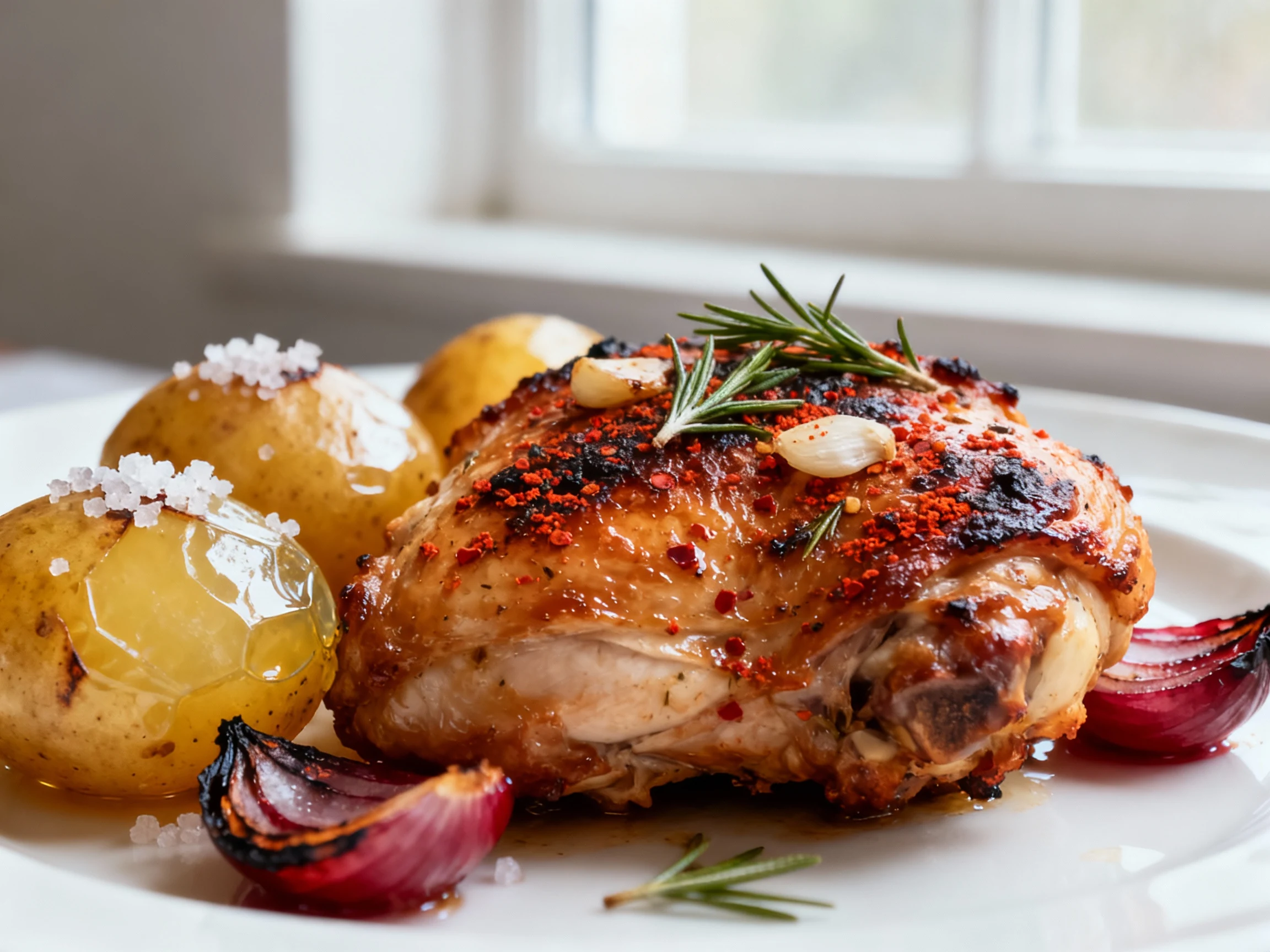 Food photography, Close-up detail of roasted chicken thigh nestled against crispy potatoes: ultra-crisp, blistered skin 