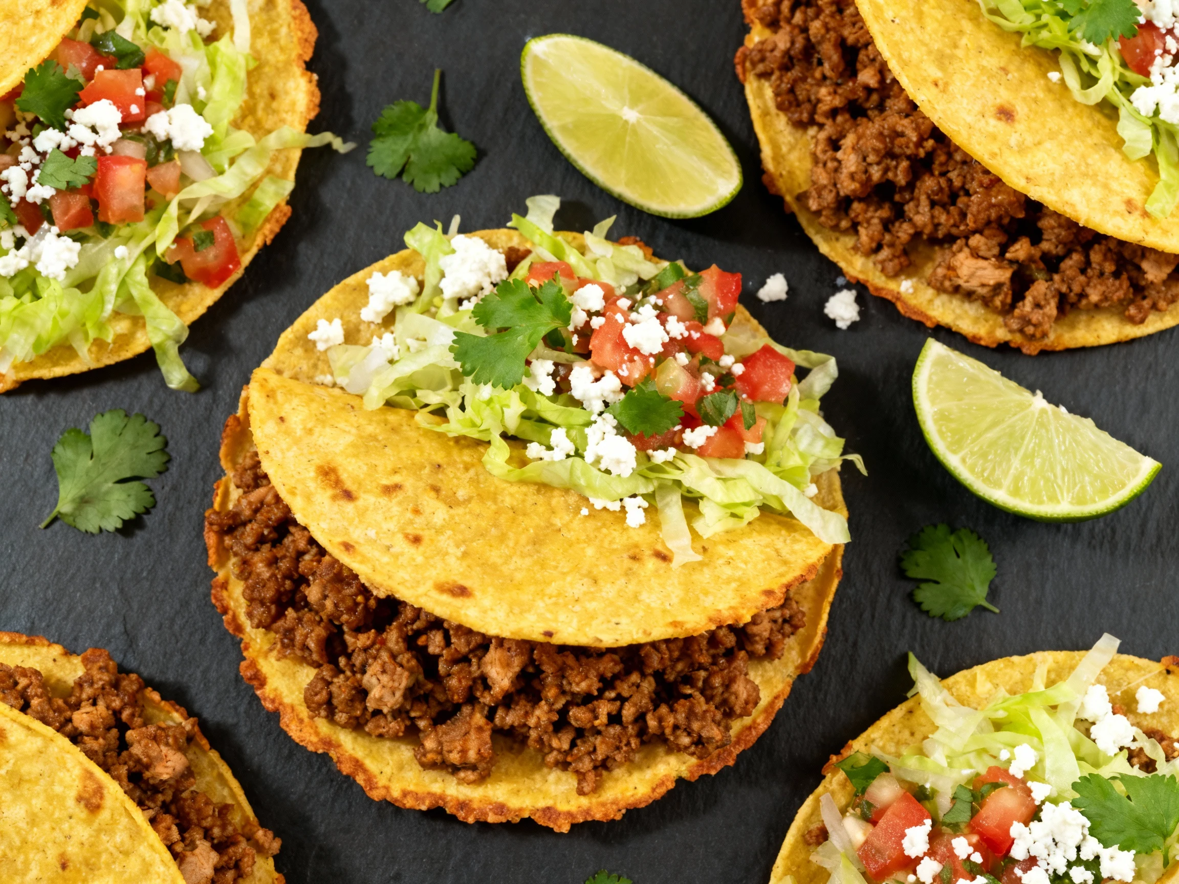 Food photography, Tasty top view: Taco Night Classic—overhead of warm corn tortillas loaded with spiced ground turkey wi