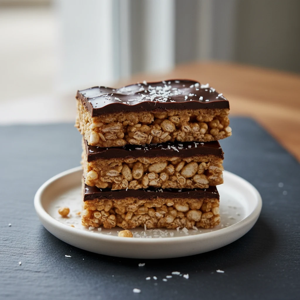 Close-up of clean-cut no-bake chocolate almond butter crispy bars stacked on a small matte white plate; shiny chocolate 