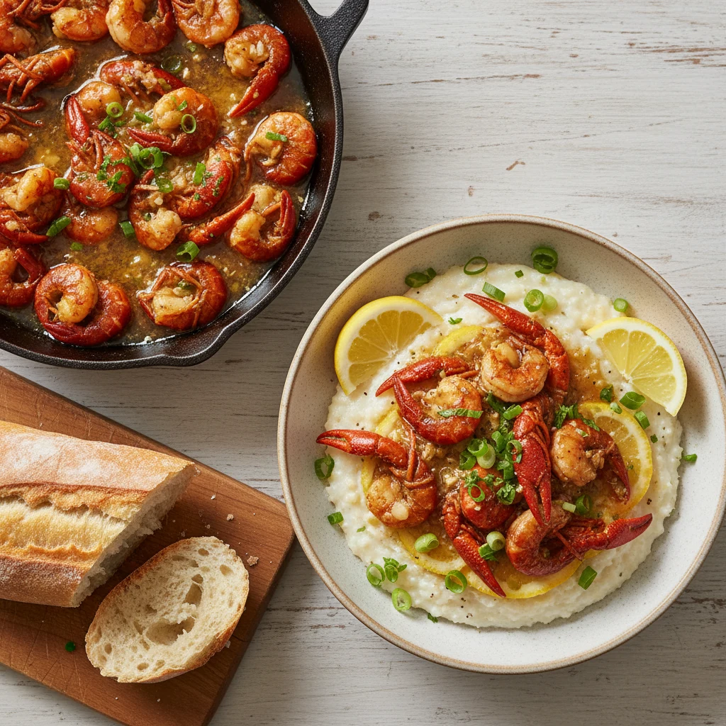 Food photography, Overhead final presentation: Lemon-Garlic Skillet Crawfish spooned over creamy stone-ground grits, gli