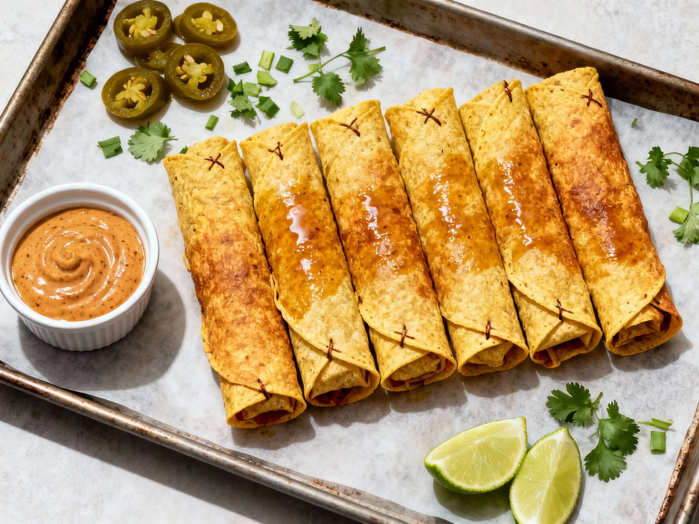 Food photography, 2. Overhead shot of sheet-pan chicken taquitos just out of the oven: tightly rolled corn tortillas, un