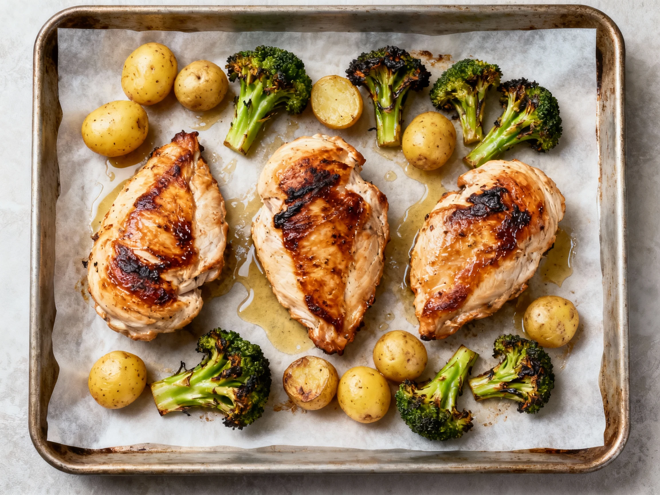 Food photography, Overhead shot of sheet-pan dinner: roasted boneless chicken breasts with caramelized edges at 425°F, g