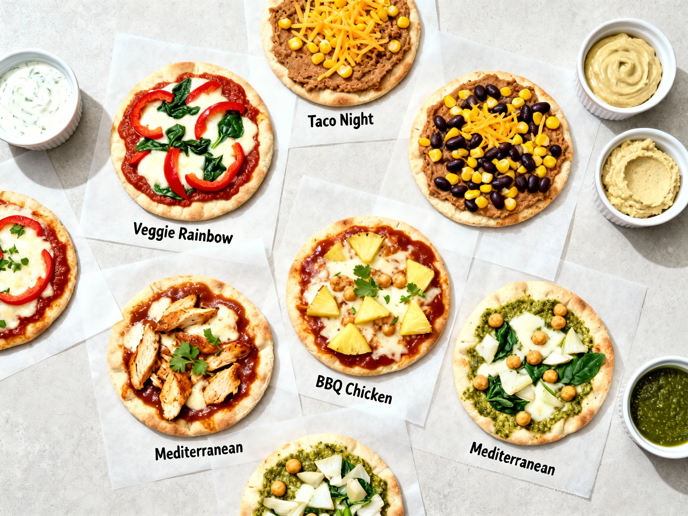 Food photography, Overhead shot of a colorful assortment of finished mini pita pizzas on parchment, each labeled by topp