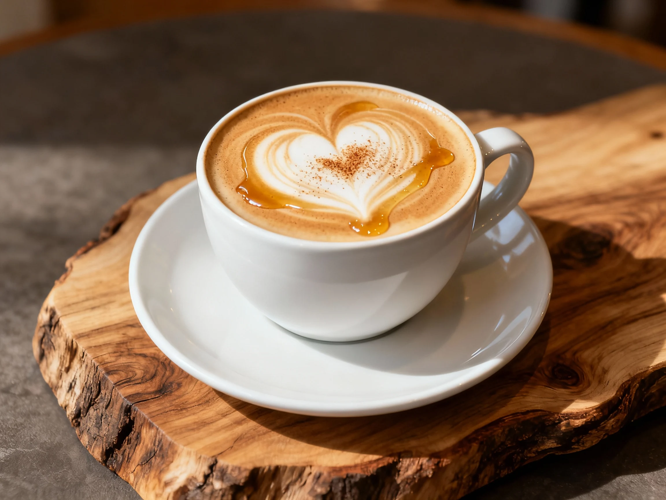 Food photography, Beautifully plated Vanilla Honey Latte: glossy microfoam with a crisp heart rosetta, drizzle of honey 