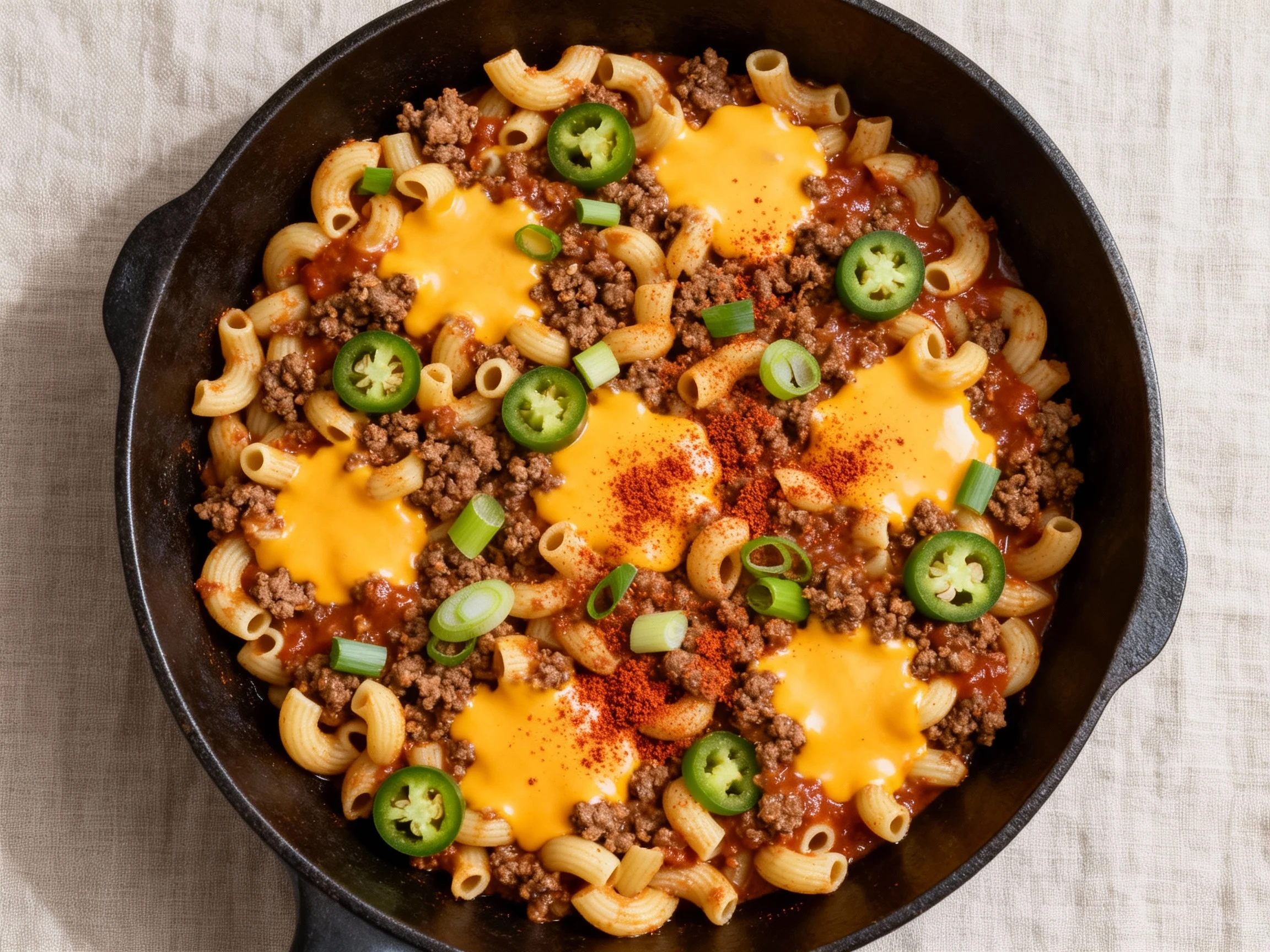 Food photography, 2. Overhead shot of chili mac: elbow macaroni folded into saucy ground beef, melted cheddar puddles, g