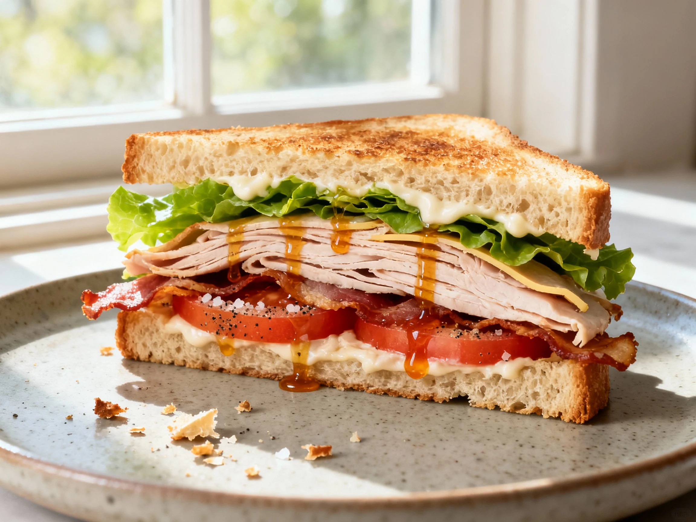 Food photography, Beautifully plated Turbo Turkey Club, diagonal-cut: toasted sourdough with mayo, leaf lettuce shield, 