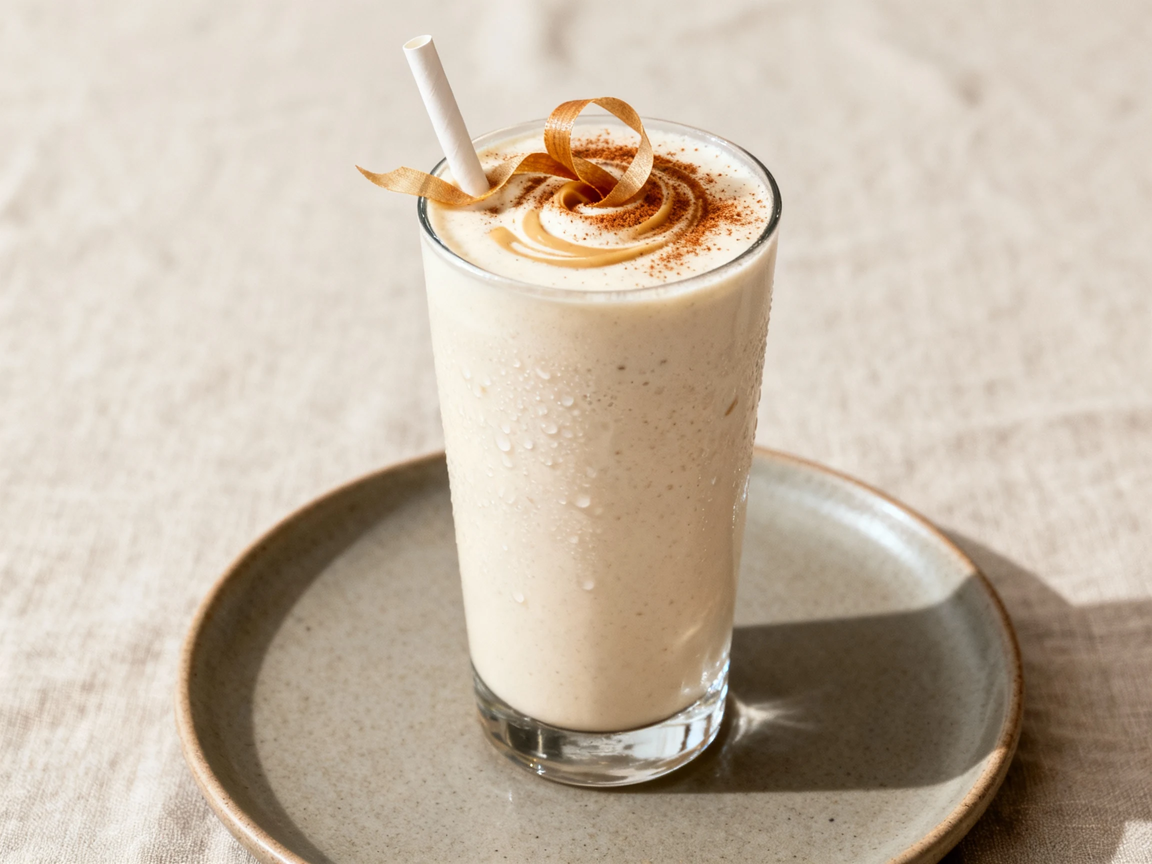 Food photography, 2. Close-up of Cinnamon Roll protein shake served in a chilled clear highball: ultra-silky vanilla-cin