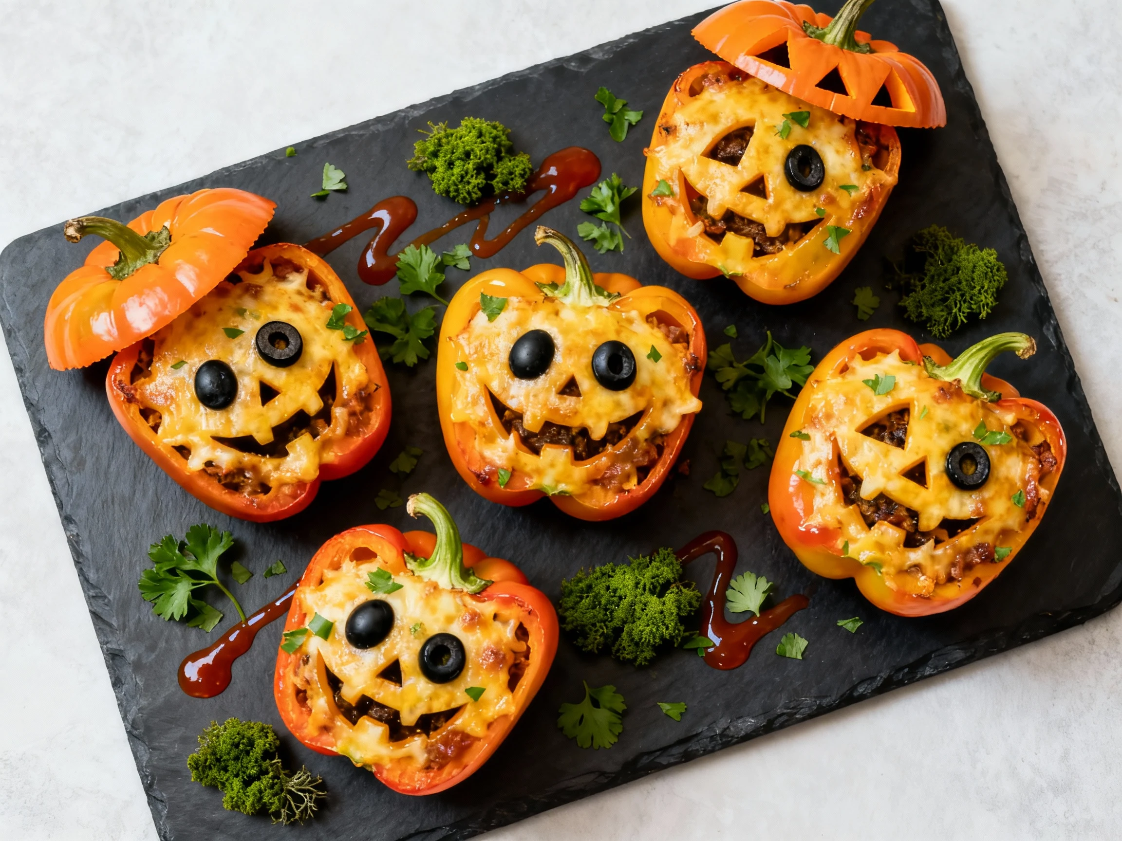 Food photography, Overhead shot of a platter of baked Jack-O’-Lantern stuffed peppers, golden melty cheese with black ol