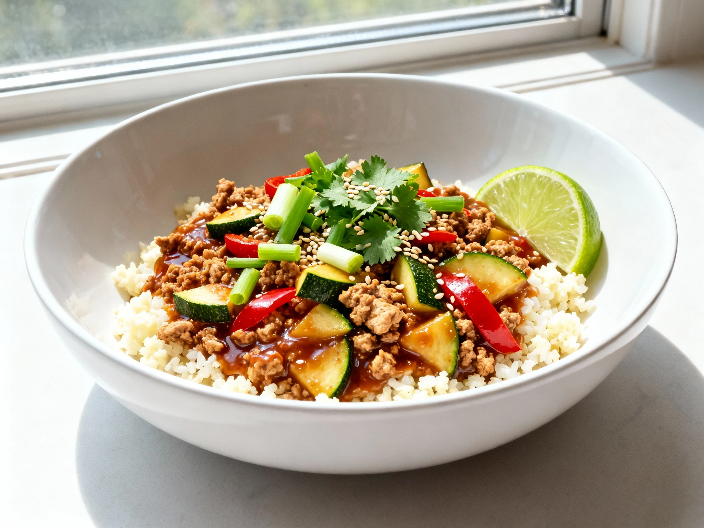 Food photography, 2. Beautifully plated low-carb bowl: ground chicken and cauliflower rice in a glossy umami sauce, vibr