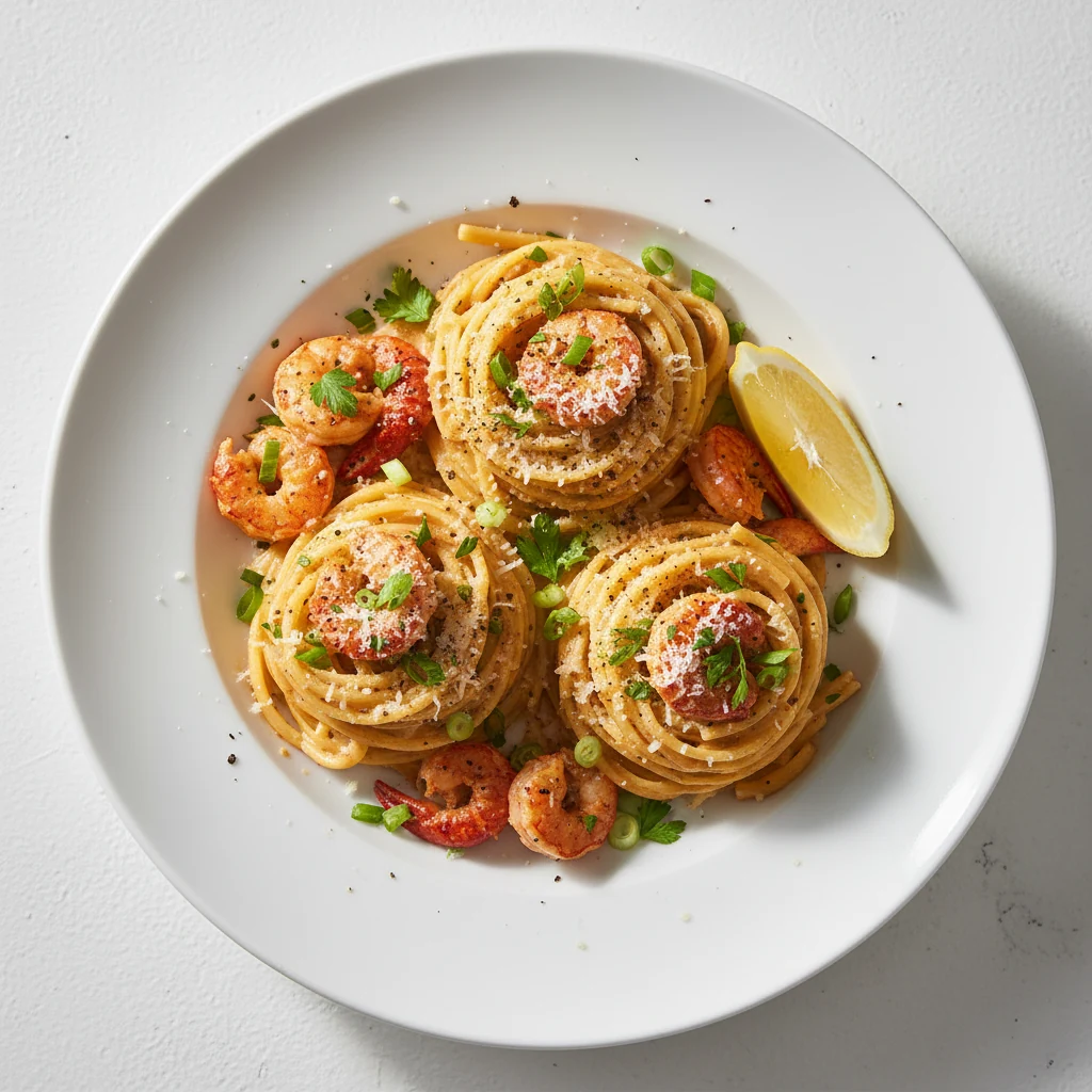 Food photography, Overhead shot of creamy Crawfish Alfredo twirled into neat nests on a wide white plate, crawfish piece