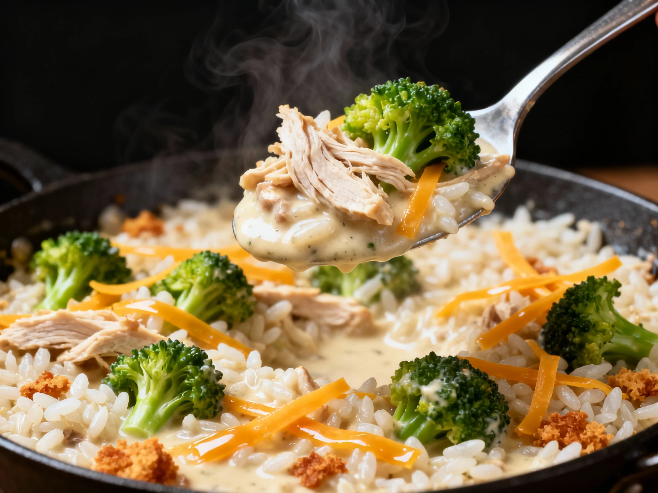 Food photography, Macro close-up of a serving spoon holding a creamy scoop above the pan, revealing shredded chicken, br