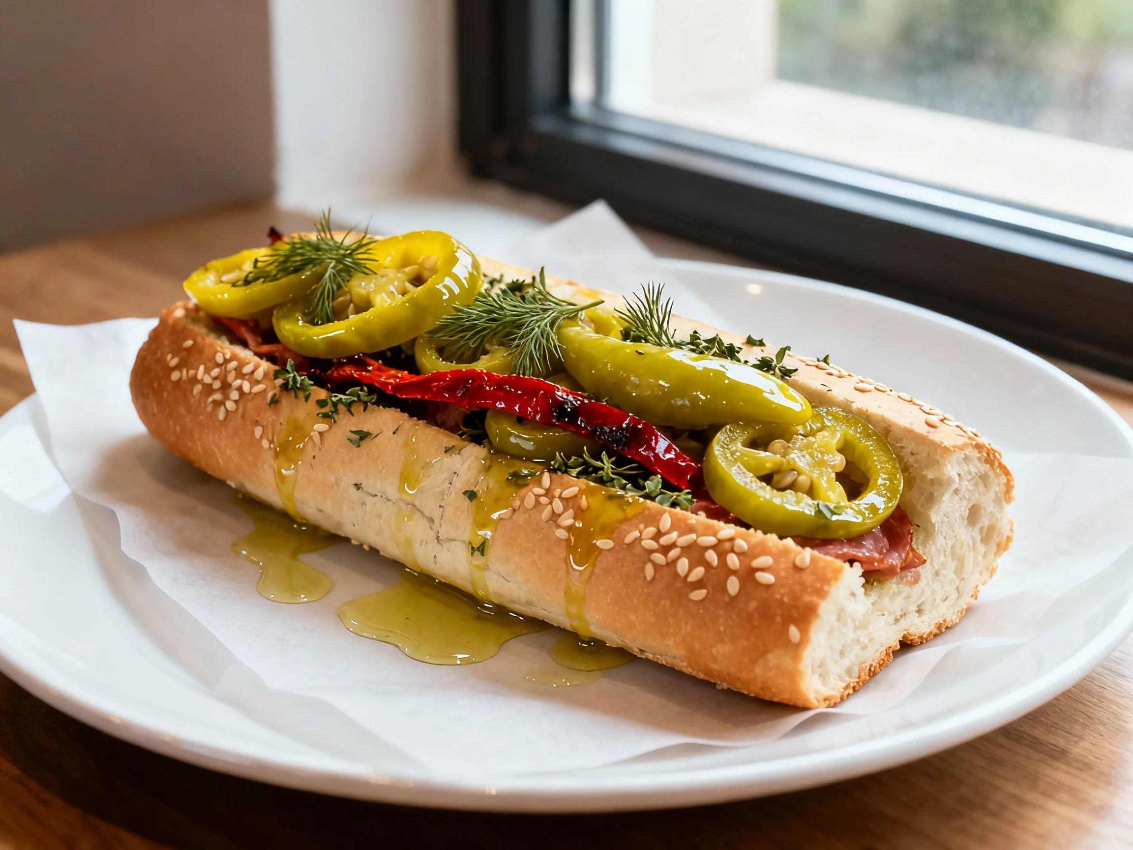 Food photography, Final dish: Italian sub loaded with garlicky-dill banana pepper rings (oregano and a strip of roasted 