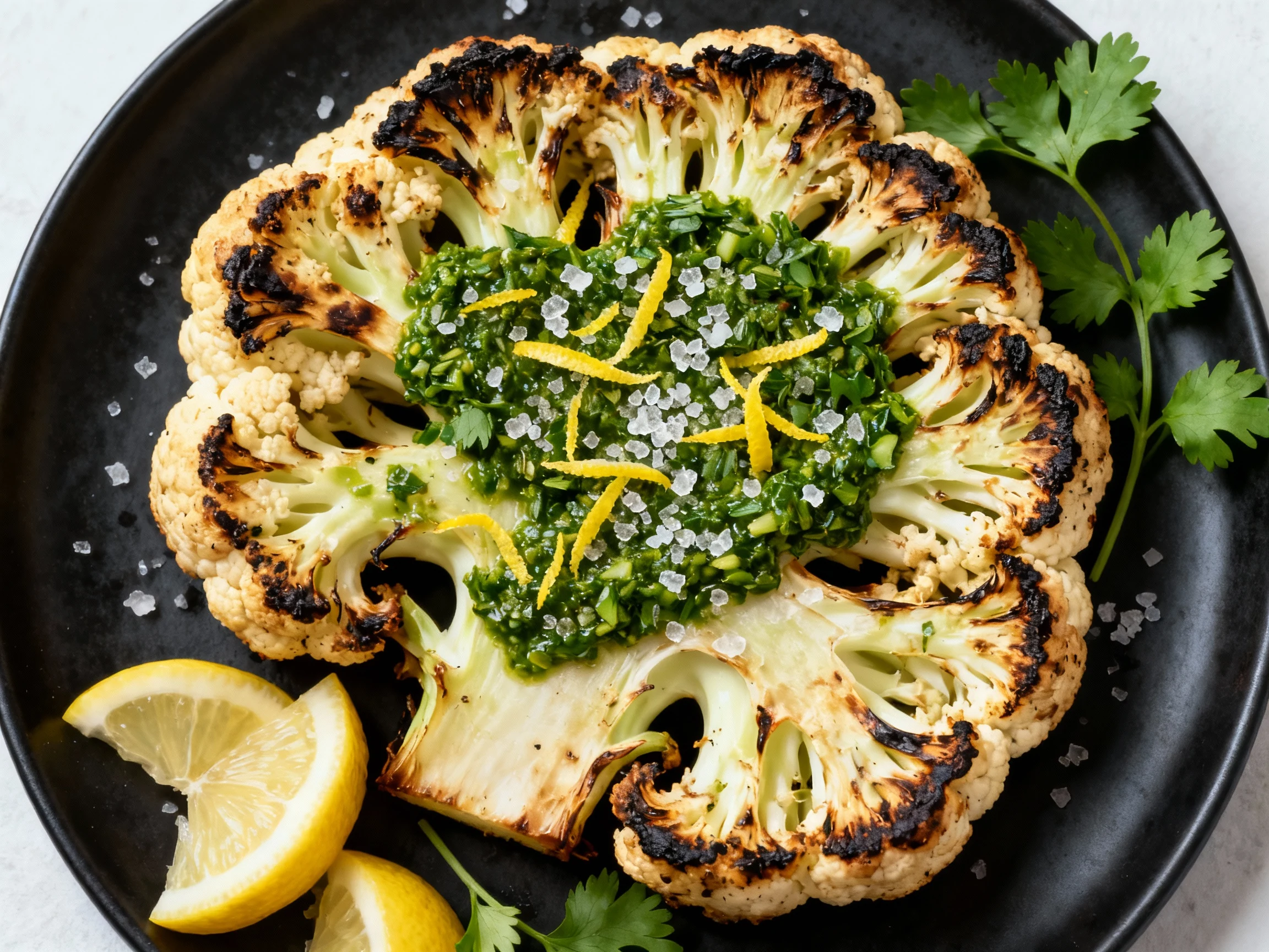 Food photography, Final dish: thick cauliflower steak with dramatic char, topped with emerald chimichurri, lemon zest, a
