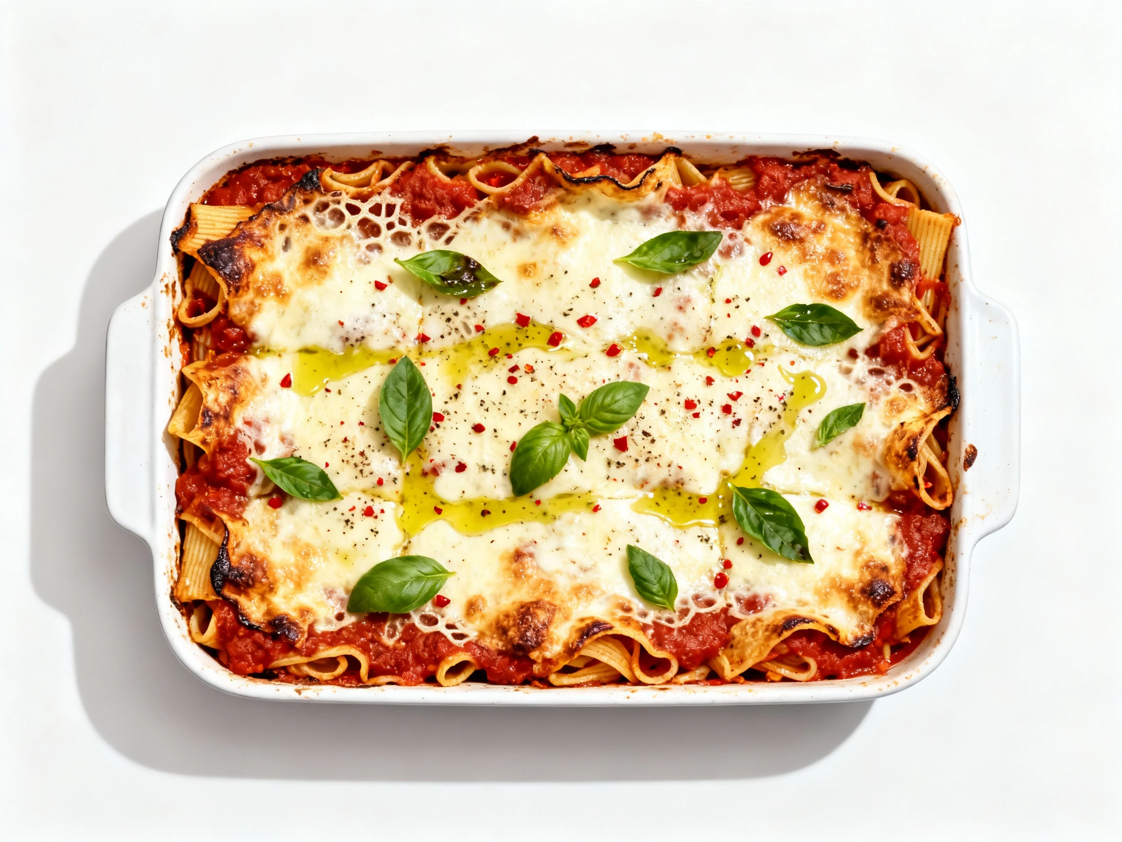 Food photography, Overhead top view: 9x13 baked pasta just out of the oven with bubbling marinara, lacy broiled mozzarel