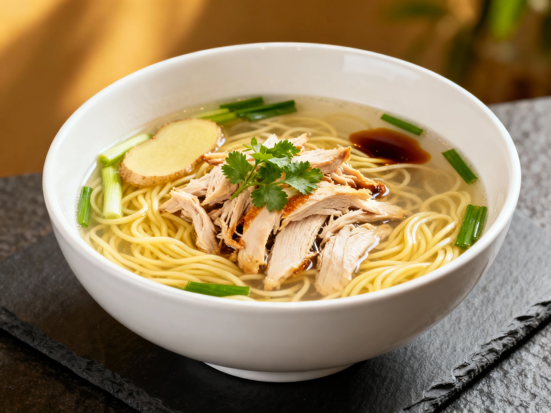 Food photography, 2. Beautifully plated rotisserie chicken noodle soup: crystal-clear broth with torn rotisserie chicken