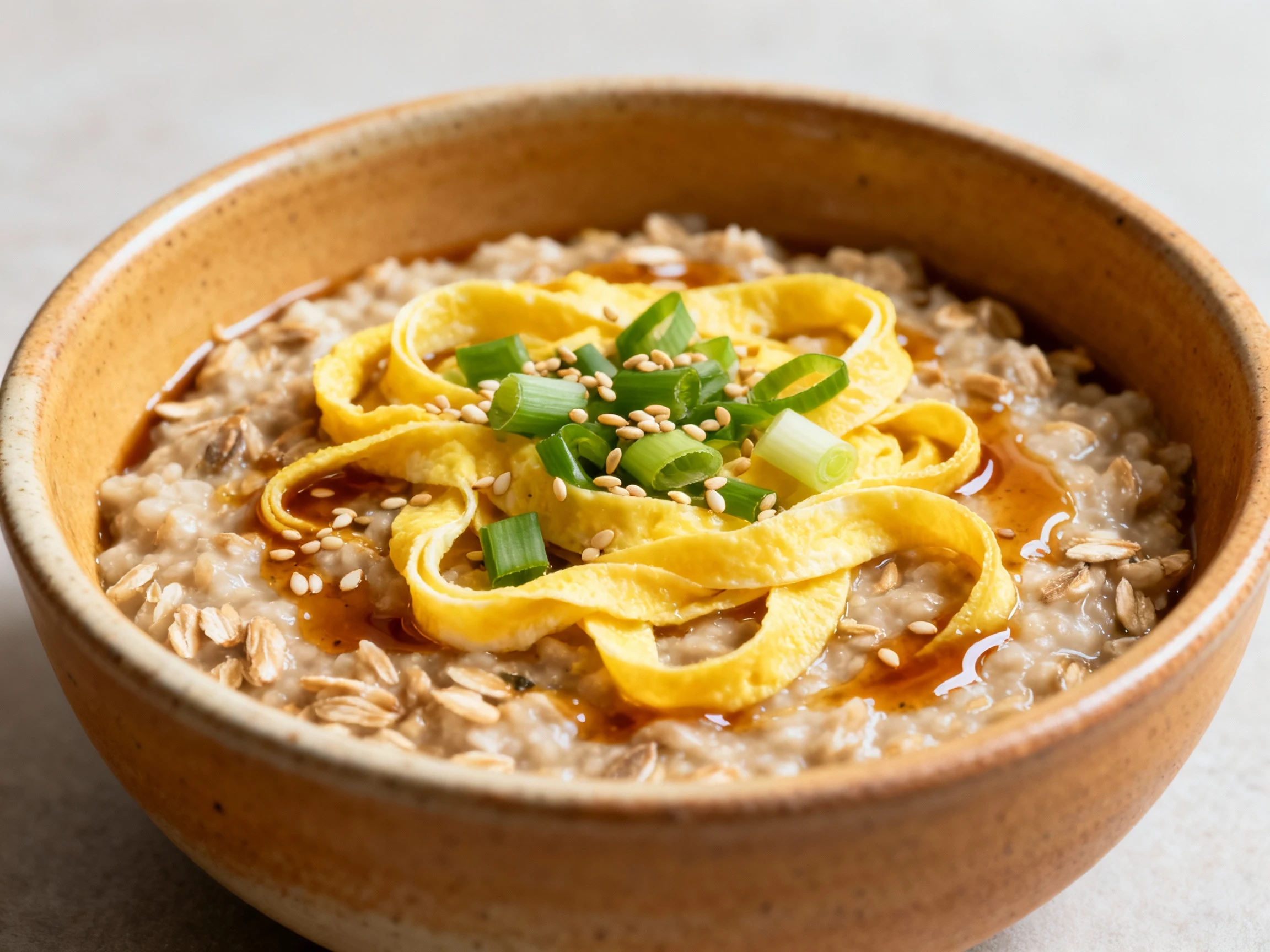Food photography, Final dish: Savory Miso & Egg oatmeal in a warm stoneware bowl, silky egg ribbons and miso-rich sheen,