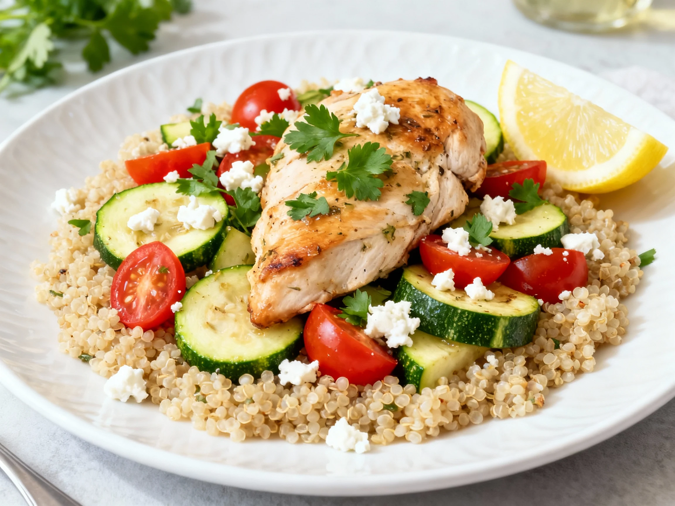 Food photography, 2. Beautifully plated Lemon Garlic Chicken & Zucchini with Quinoa on a white ceramic plate: fluffy qui